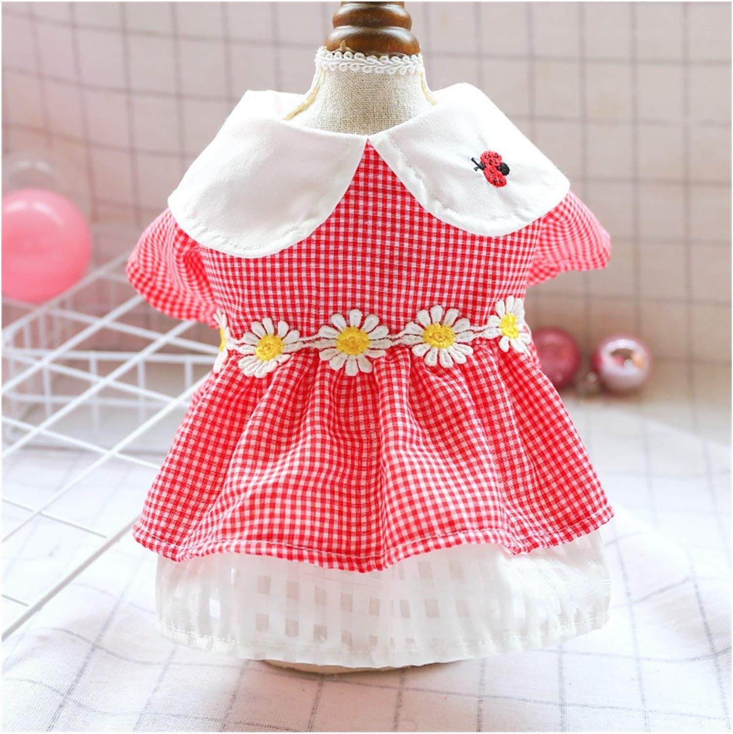 6 Colors Summer Floral Pet Dog Princess Dress Sweet Puppy Cat Skirt Dresses Pets Wedding Clothes for Small Dogs Pet Clothes for Small Medium Large Dogs Cats (Color : Ladybug Red Plaid, Size : S)