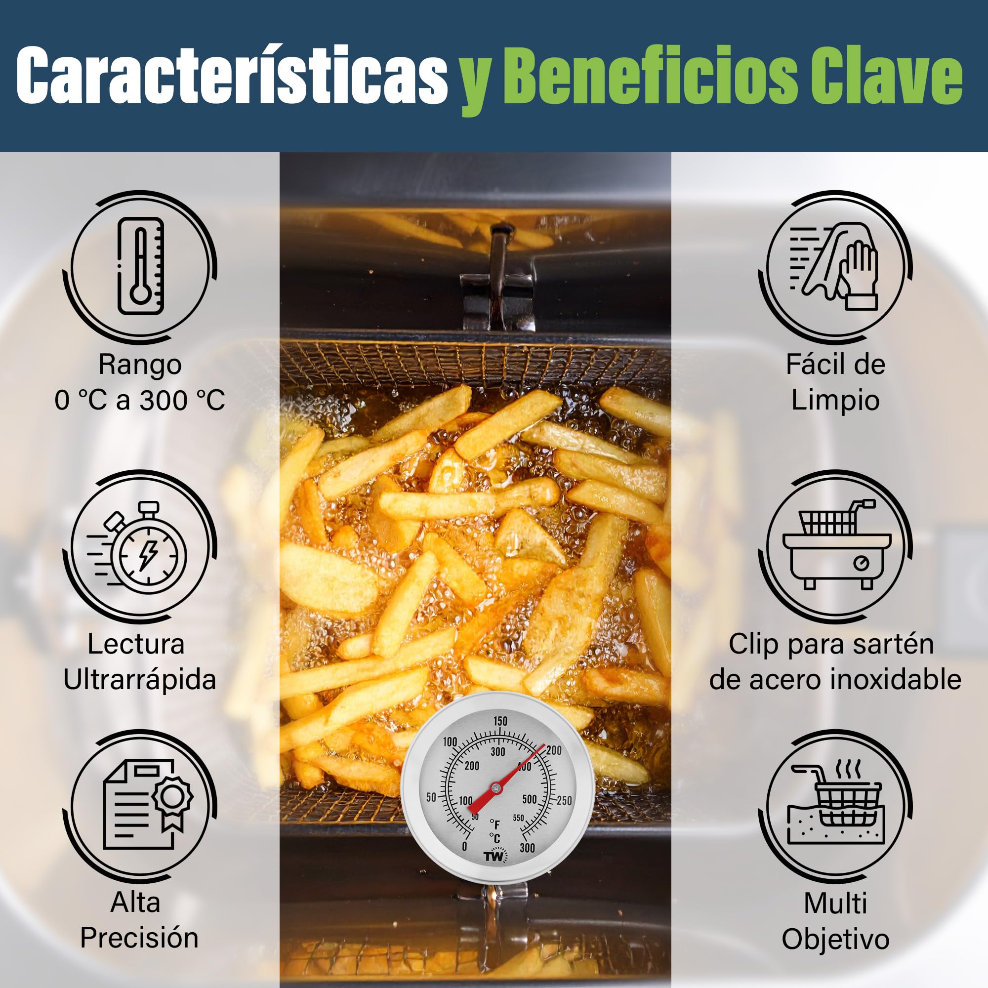 Termómetro de aceite para frituras de acero inoxidable 150 mm con clip para sartén