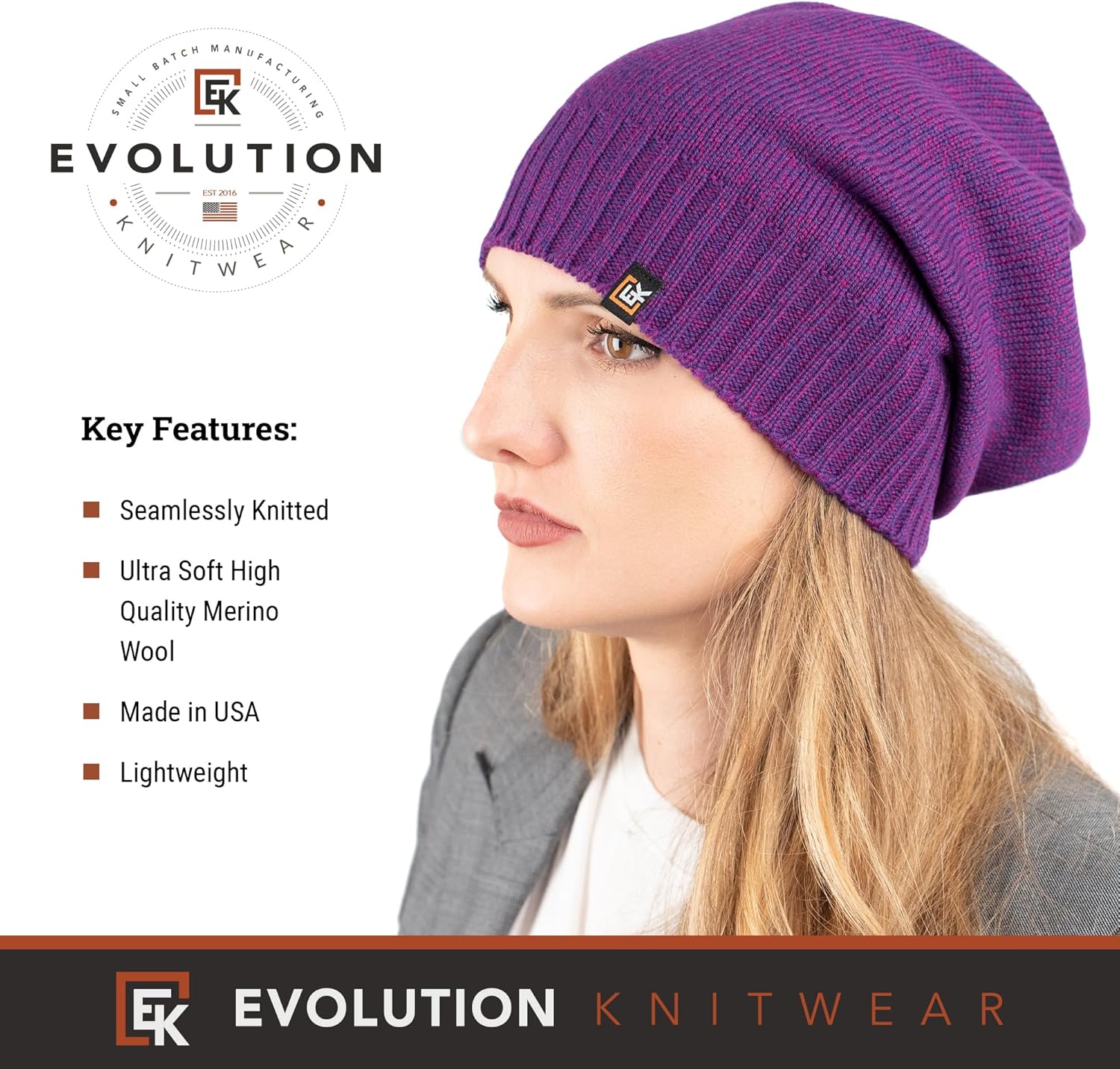 Evolution Knitwear Wool Slouchy Knit Beanie Hat for Men or Women - Super Soft Merino Wool - Made in The USA