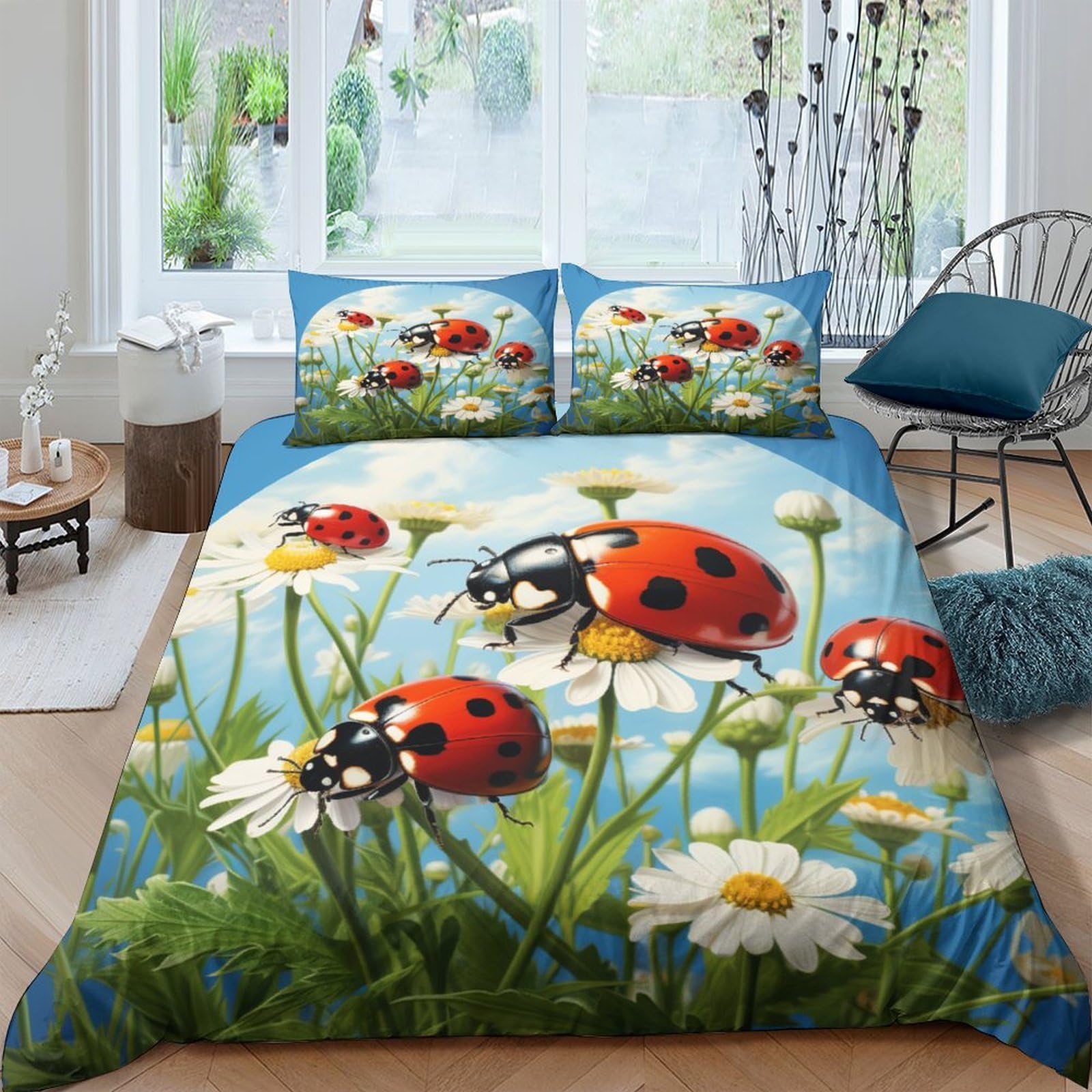 Parure de lit coccinelle 220x240 cm avec housse de couette 3D et taies d'oreiller