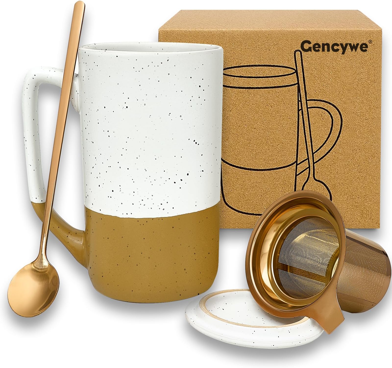 Ceramics Large Tea Cup with Loose Leaf Infuser, Spoon and Lid, 16 oz Tall Coffee Mug, Microwave and Dishwasher Safe, Rustic Matte Ceramic Glaze, Tea Strainer, Amber