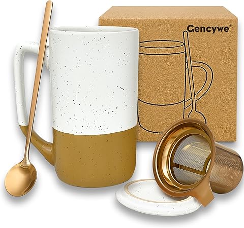 Ceramics Large Tea Cup with Loose Leaf Infuser, Spoon and Lid