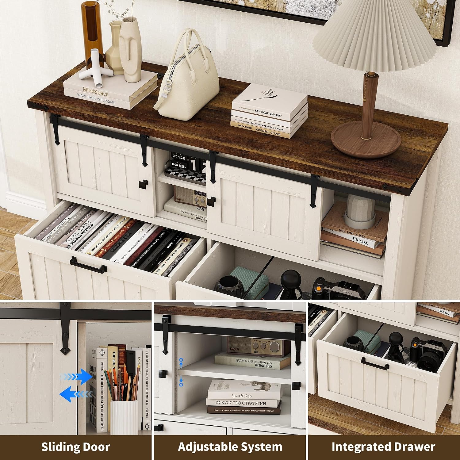 Farmhouse File Cabinet, Farmhouse Entryway Table with Sliding Barn Doors & 2 Drawers, Rustic Sofa Table with Open Shelf for Living Room, Hallway，White