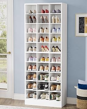 Tribesigns 10-Tier Shoe Storage Cabinet, White Wooden Shoe Rack with 30 Cubbies, Freestanding Tall Entryway Shoe Organizer for Closet, Entryway, Living Room