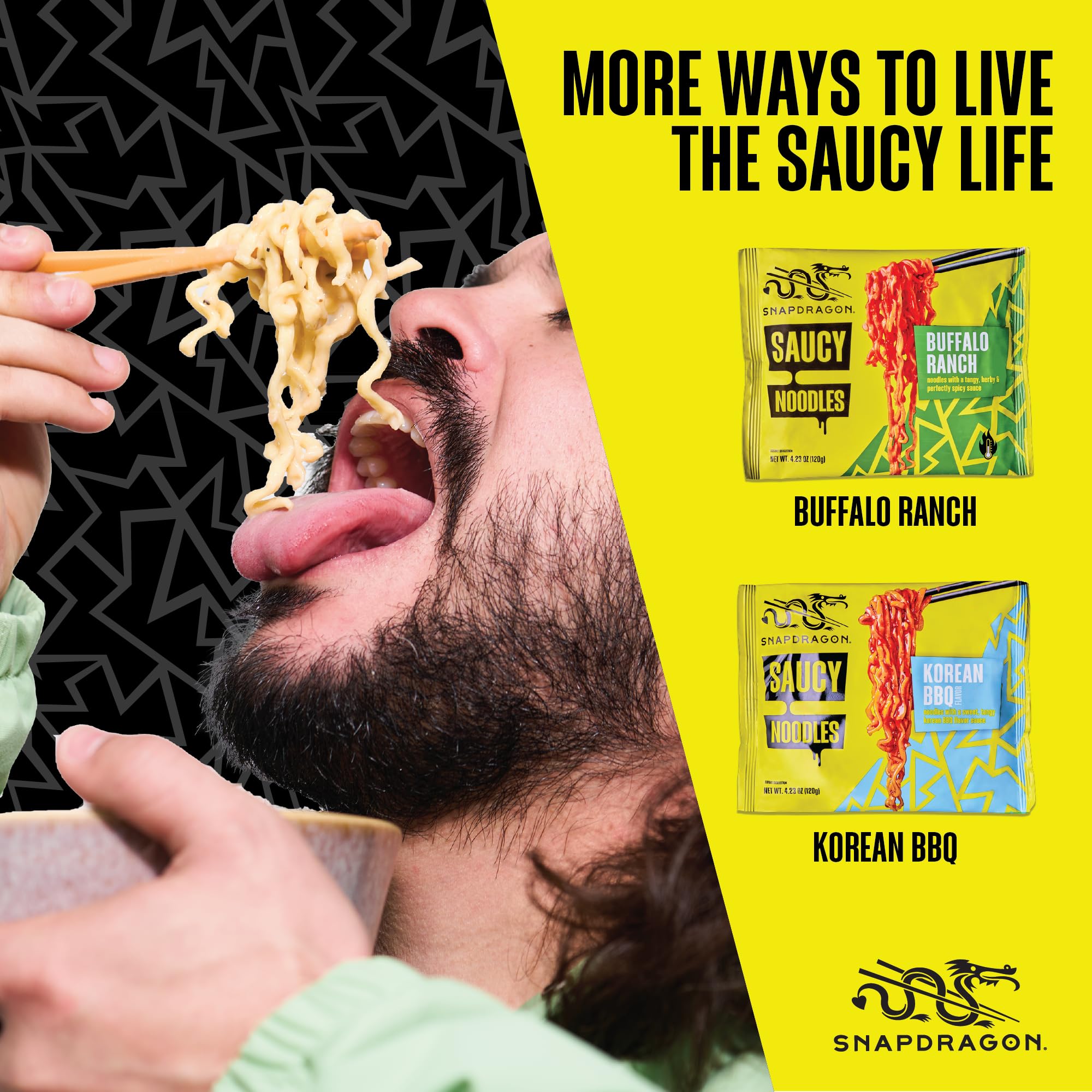 Snapdragon Saucy Instant Noodles with Cheezy Umami, Savory Slurpable Sauce - Quick Meal, Snack, and Lunch. 4-Pack Microwave Noodles for Cup, Bowl, Cheddar Cheese Ramen or Asian Stir Fry
