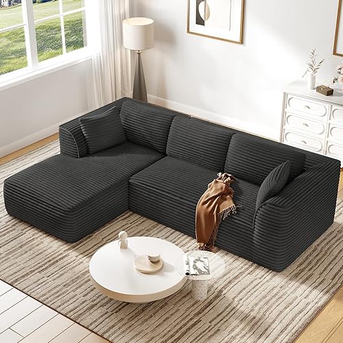 Vesgantti 106" Boneless Couch with Chaise, Deep Seat Comfy Cloud Modular Sofa Corduroy Memory Foam Sectional Couches for Living Room Bedroom, No Assembly Required (Grey, Left-Facing Chaise)