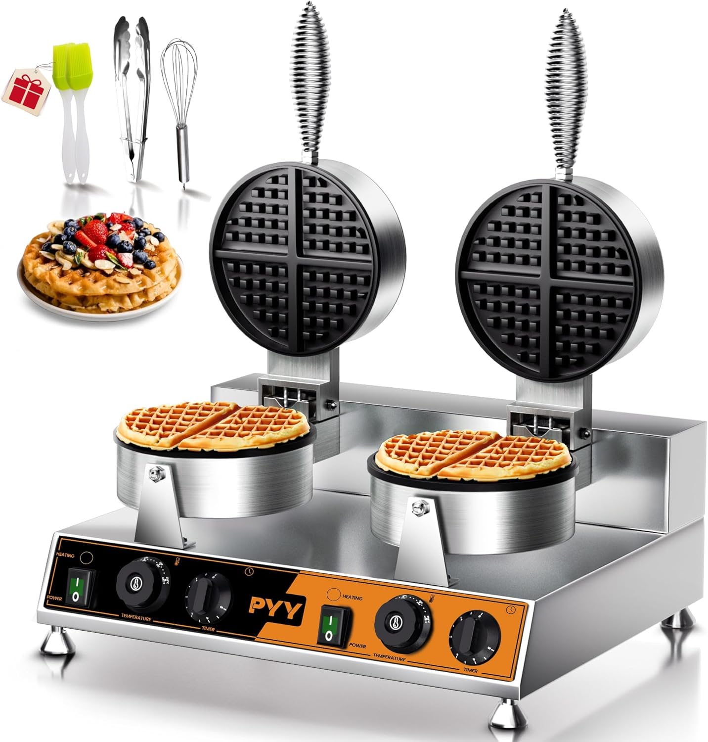 PYY Commercial Double Waffle Maker - 2500W Belgian Waffle Iron with Nonstick Plates,Dual Temperature&Timer Control,Stainless Steel for Restaurant,Food Truck,Catering,Home Use,SILVER ORANGE