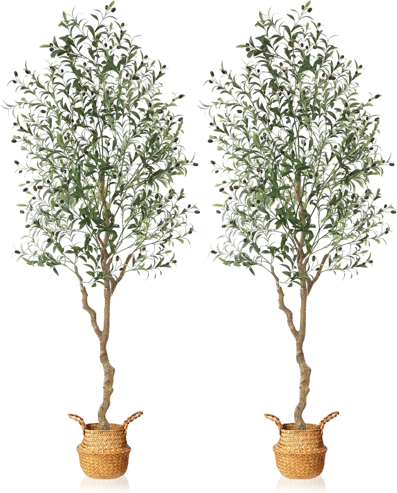 MOSADEArtificial Olive Tree 7 Feet Fake Olive Silk Plant and Handmade Seagrass Basket, Perfect Tall Faux Topiary Silk Tree for Indoor Entryway Modern Decor Home Office Porch Balcony Gift,2Pack