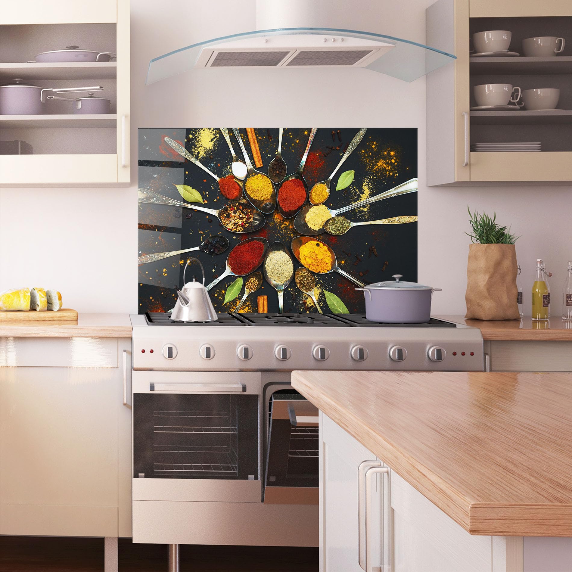 ARTHUB® Crédence de Cuisine en Verre 60x80 cm, Cooking Spoons | Protection Contre Les éclaboussures, Revêtement Mural en Carreaux, Plaque en Verre, Verre trempé, Aliments, Épices