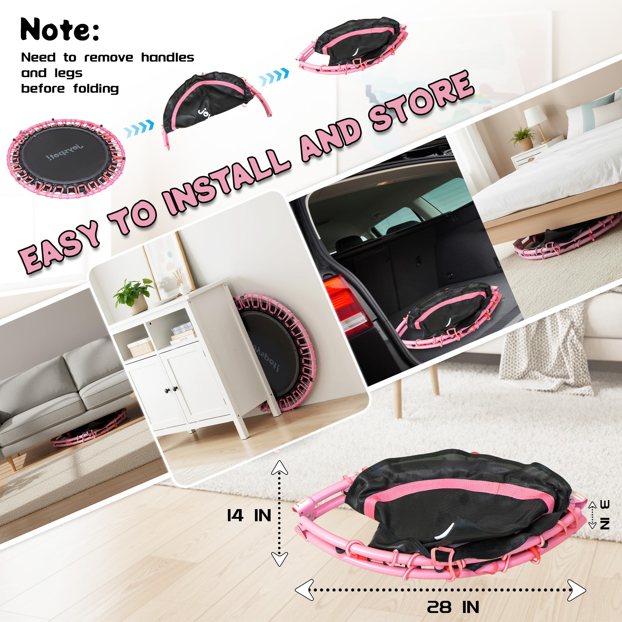 JOY SPOT! Mini Fitness Trampolin, Ø102cm Faltbares Trampoline mit Bungee-Seilen & verstellbarem Griff, Maximale Belastung 204kg, Rebounder Trampolin Indoor Outdoor mit springseile für Heimtraining