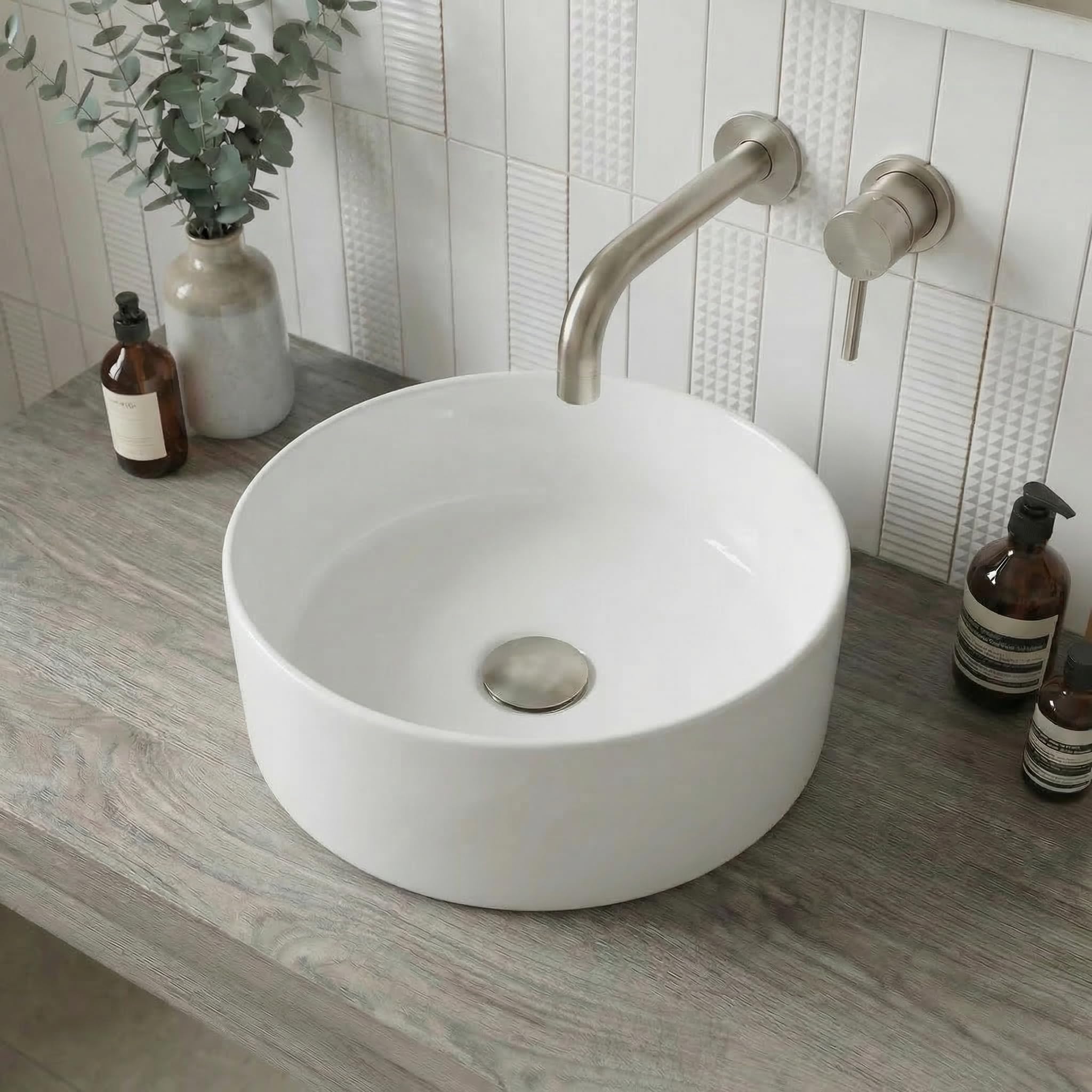 Baystone Lyon Countertop Basin for Bathroom and Cloakroom Hand Wash Basins Sink Modern White Gloss Round, 300 x 300mm