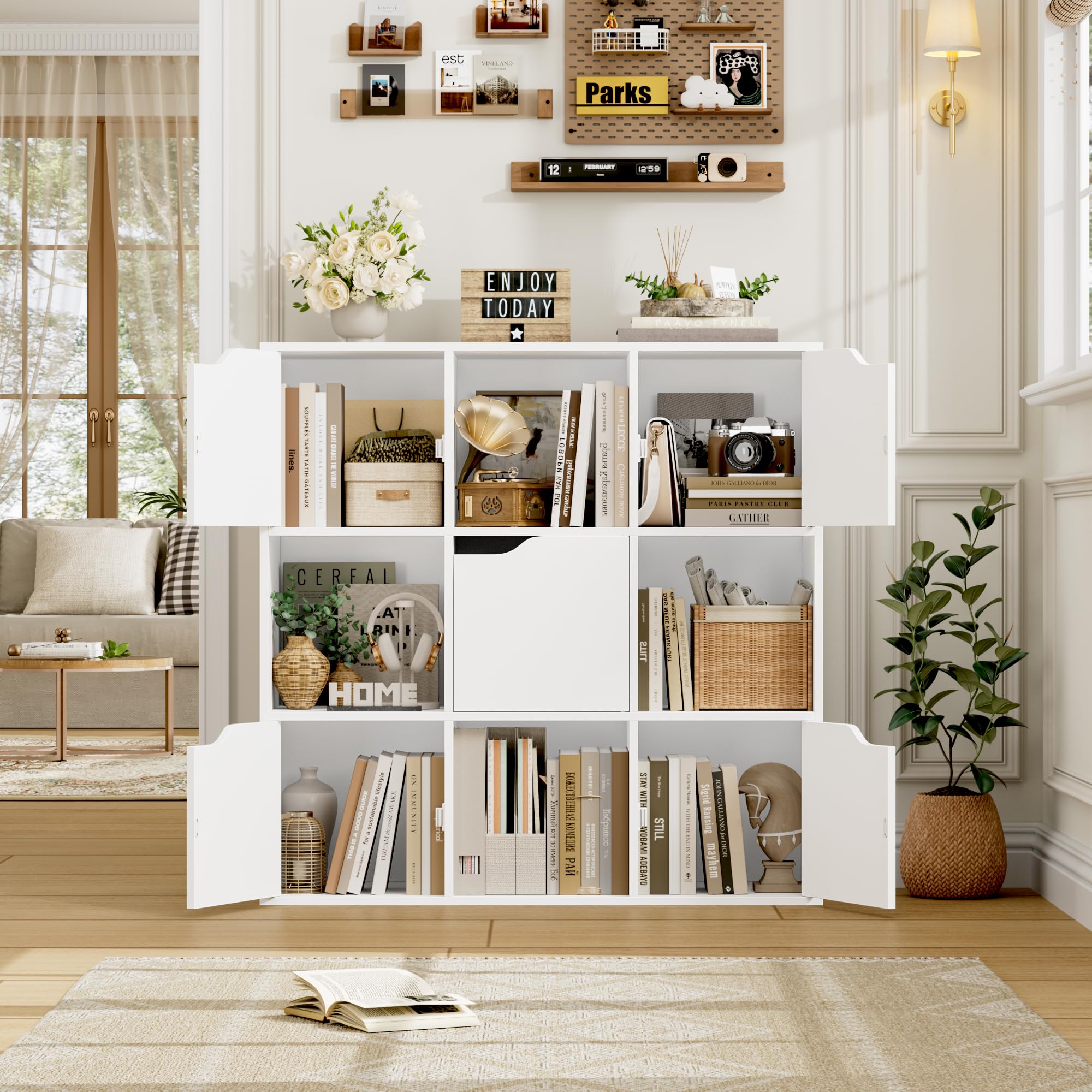 FirFurd Libreria a 9 Cubi Con 5 Porte, Armadietto 3 Ripiani, Scaffale Con 9 Scomparti a Cubi Portaoggetti, Stile Moderno, per Soggiorno, Camera da Letto, Ufficio 90x29x90cm Bianco
