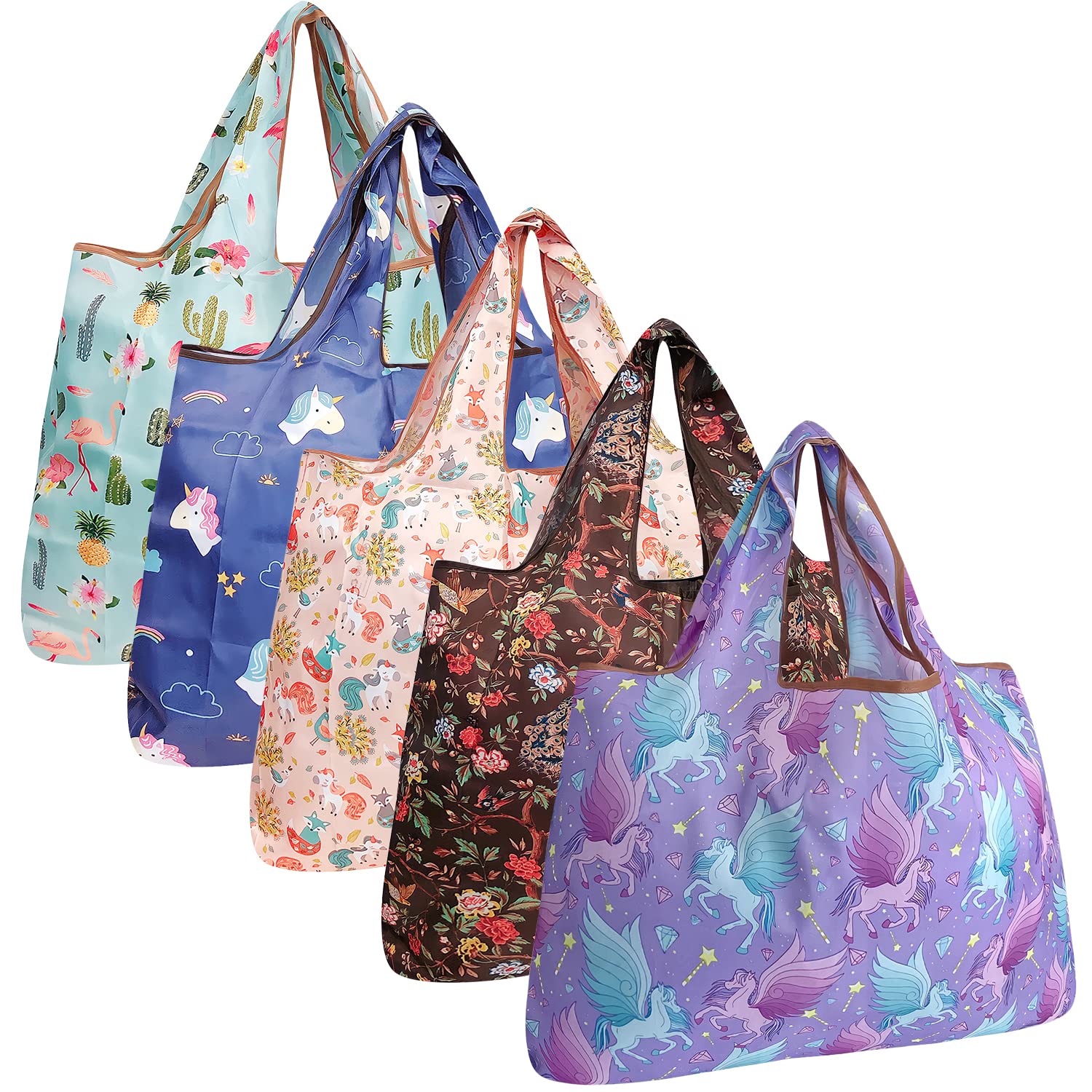 allydrew Large Foldable Tote Nylon Reusable Grocery Bags, 5 Pack