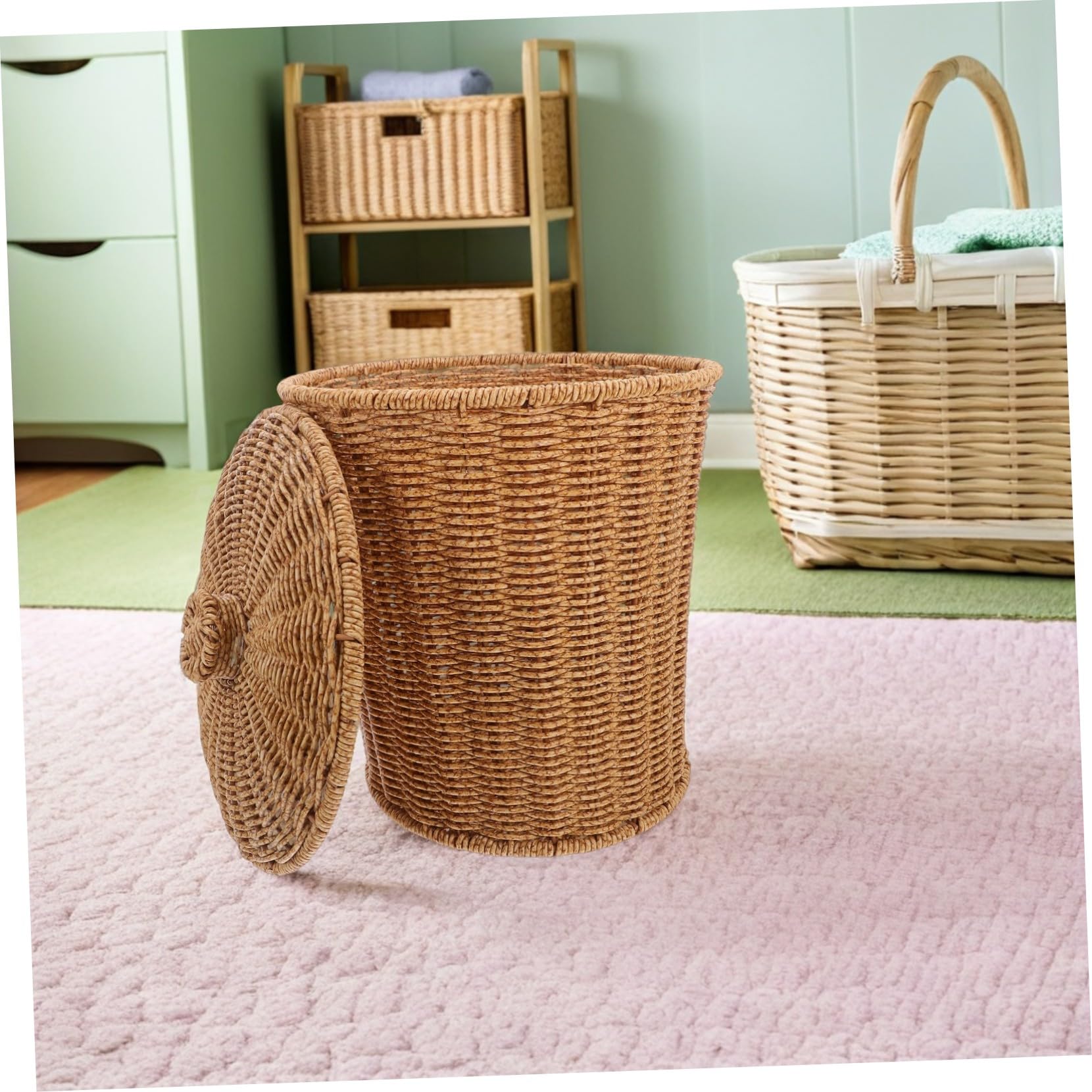 Zerodeko Panier de Rangement Tissé Main avec Couvercle pour Linge et Jouets Panier Rond Rotin Synthétique pour Maison