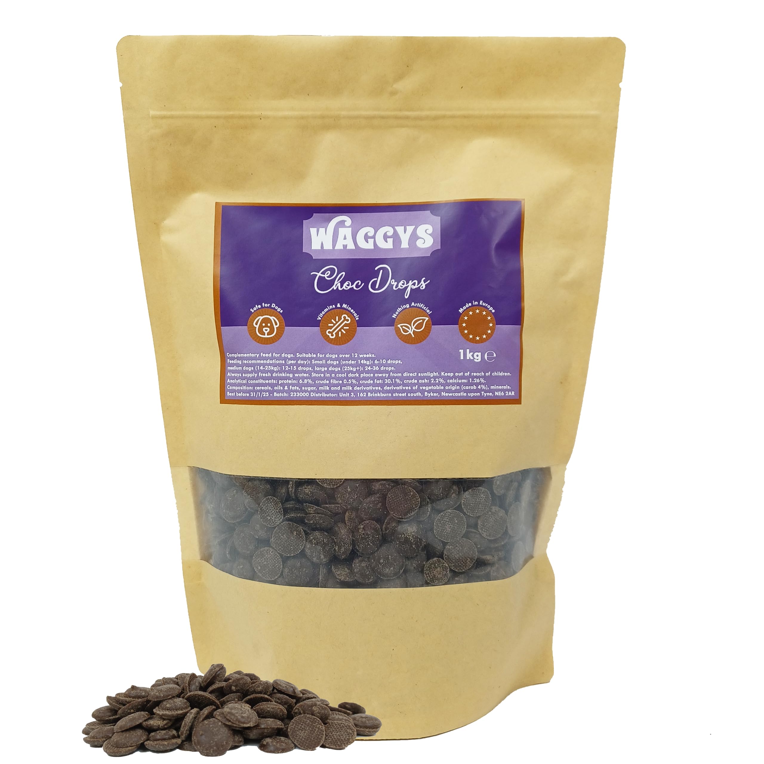 Waggy’s Dog Chocolate Drops – 100% Safe Choc Button Treats for Dogs | Natural & Healthy with Added Vitamins & Minerals | Ideal for Dog Training | Soft Treats for Older Dogs | Releasable Bag (1kg)