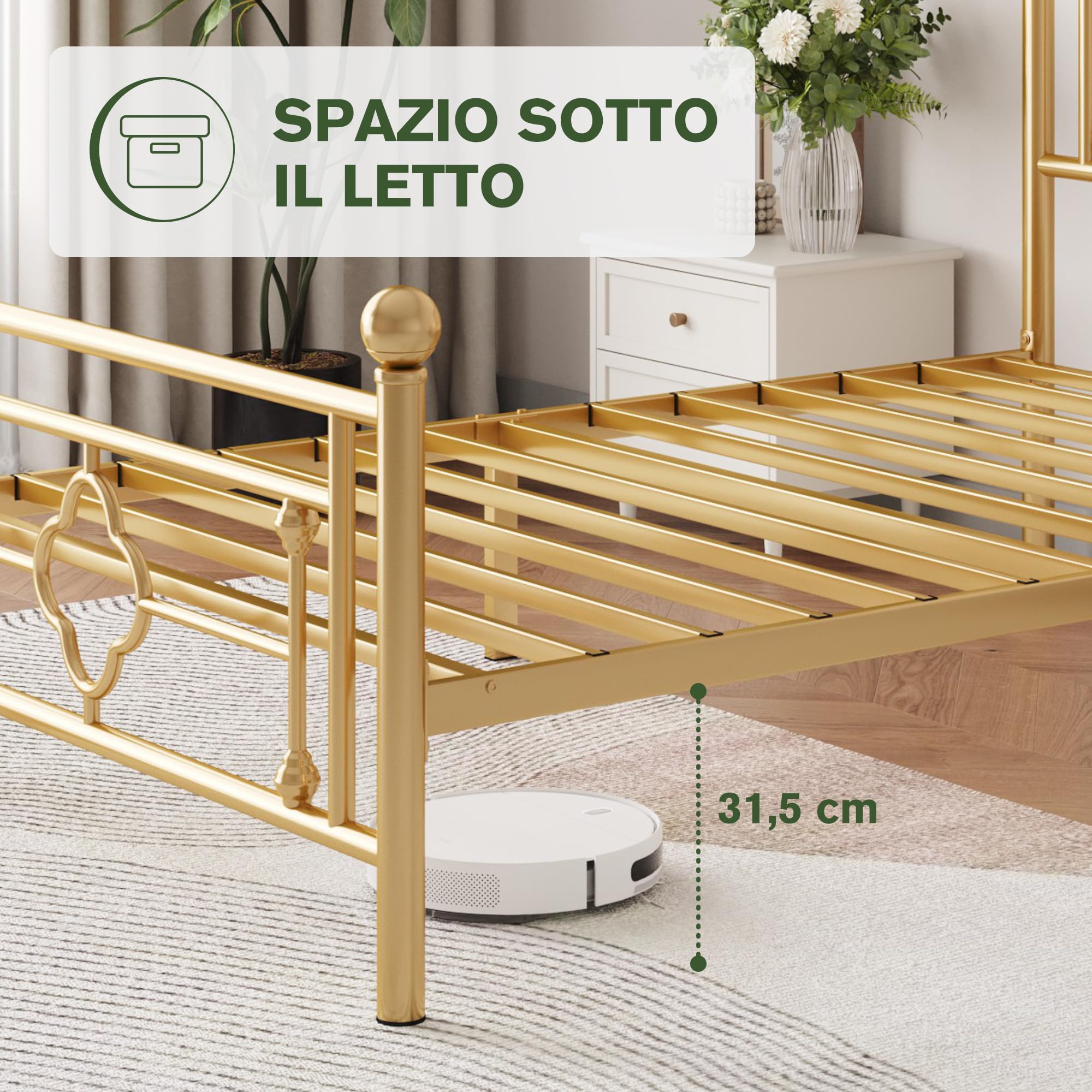 MUTICOR Struttura Letto in Metallo 90x200 cm, Letto Moderno per Camera da Letto o Stanza degli Ospiti con Testiera e Doghe, Silenzioso, Facile da Montare, con Spazio di Stoccaggio, Oro