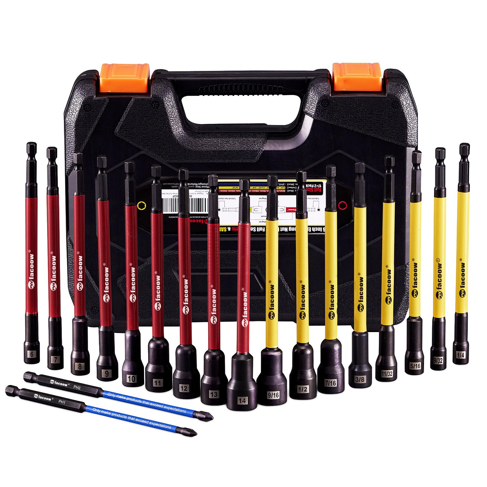 Facoow Magnetic Nut Driver Set for Impact Drill 19 Pcs with Metric & SAE Including PH1 & PH2