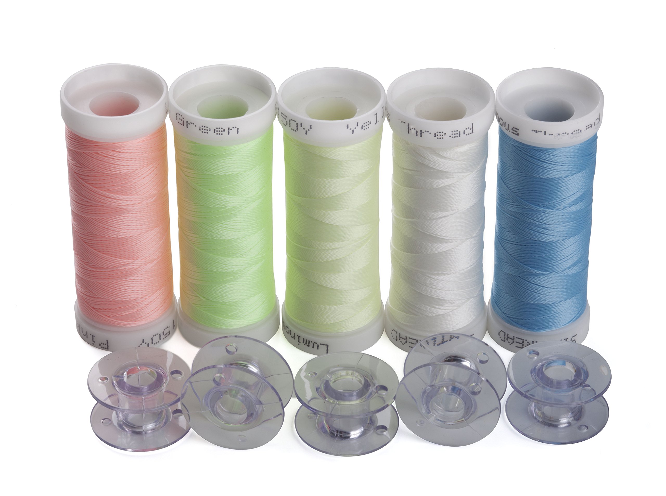 Simthread 5 Colors Luminous Glow in the Dark Embroidery Machine Thread, 150 Yrds Each, with 5 Type A Plastic Bobbins