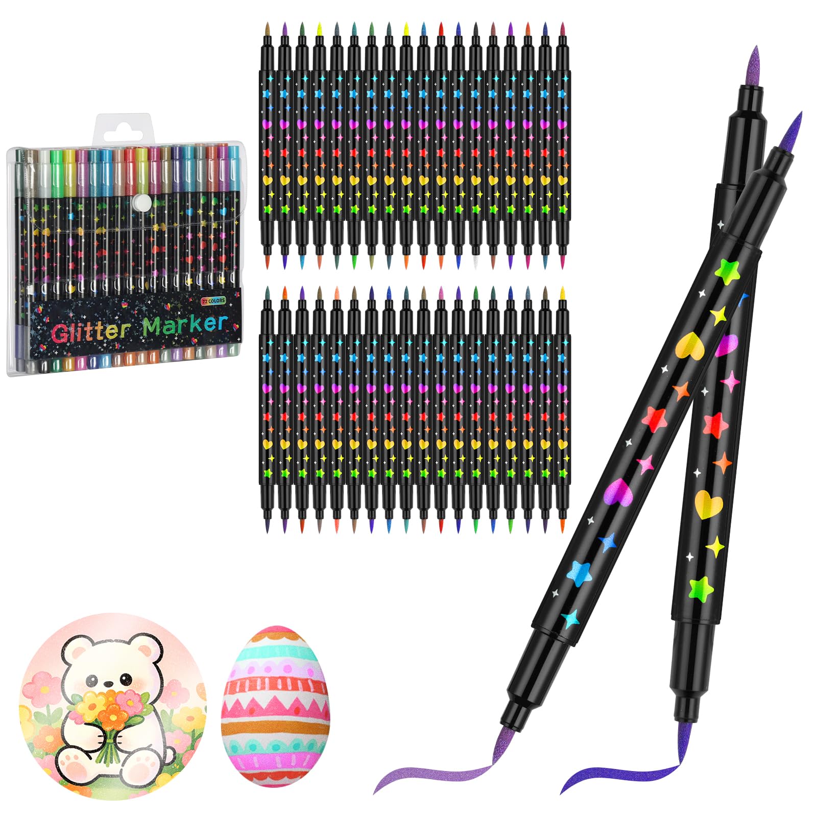 NUTKIT Metallic Acrylic Paint Pens, 36 Pack 72 Colors Dual Tip Glitter Paint Pens Set, Metallic Sparkle Markers for Ceramic, Canvas, Rock, Glass, Wood, DIY Craft Making, Art Supplies, Coloring