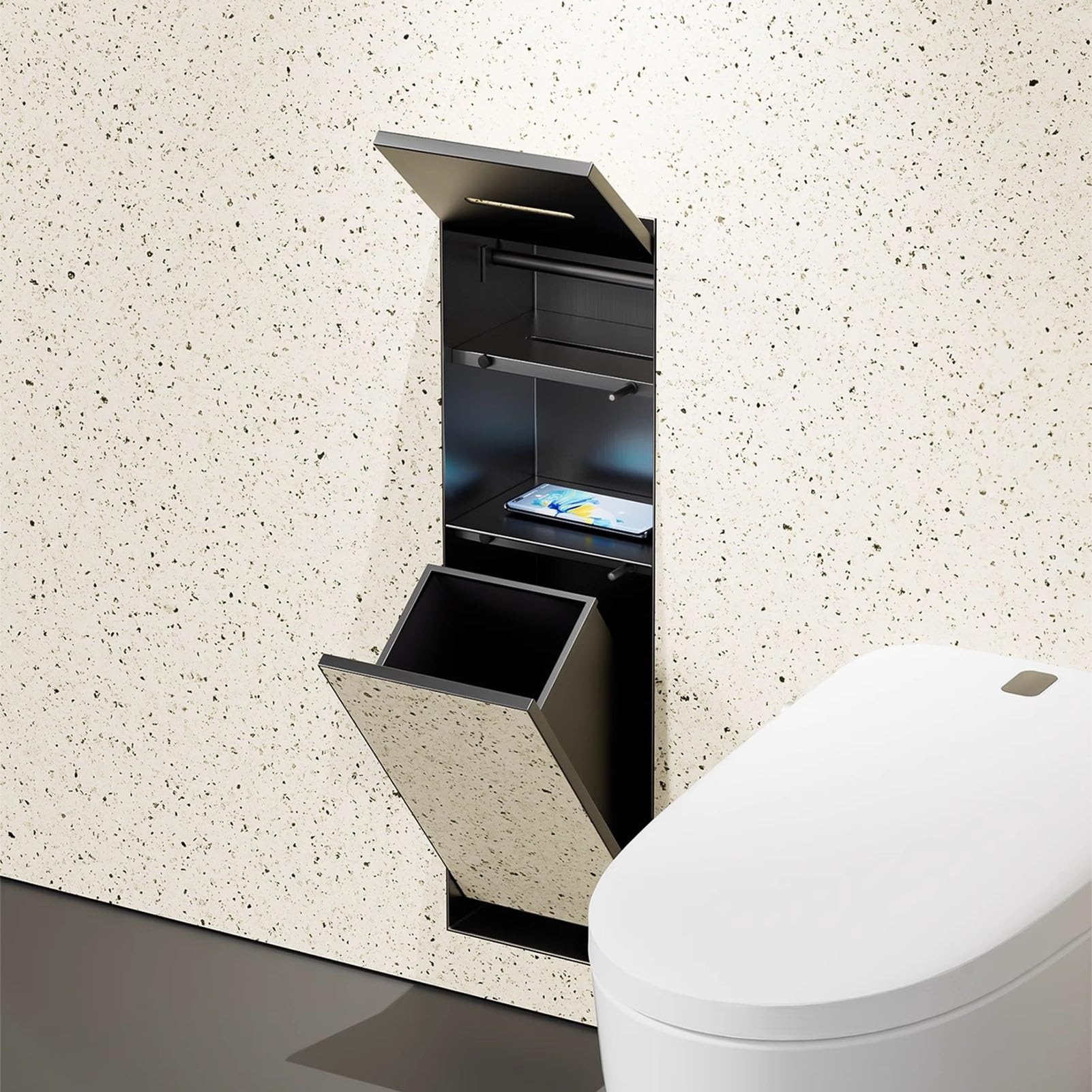 Vibeo Portarrollos Empotrable Portarrollos de Papel Higiénico Empotrado con Almacenamiento, Nicho Empotrado en La Pared con Papelera, Portarrollos de Papel Higiénico para Baño