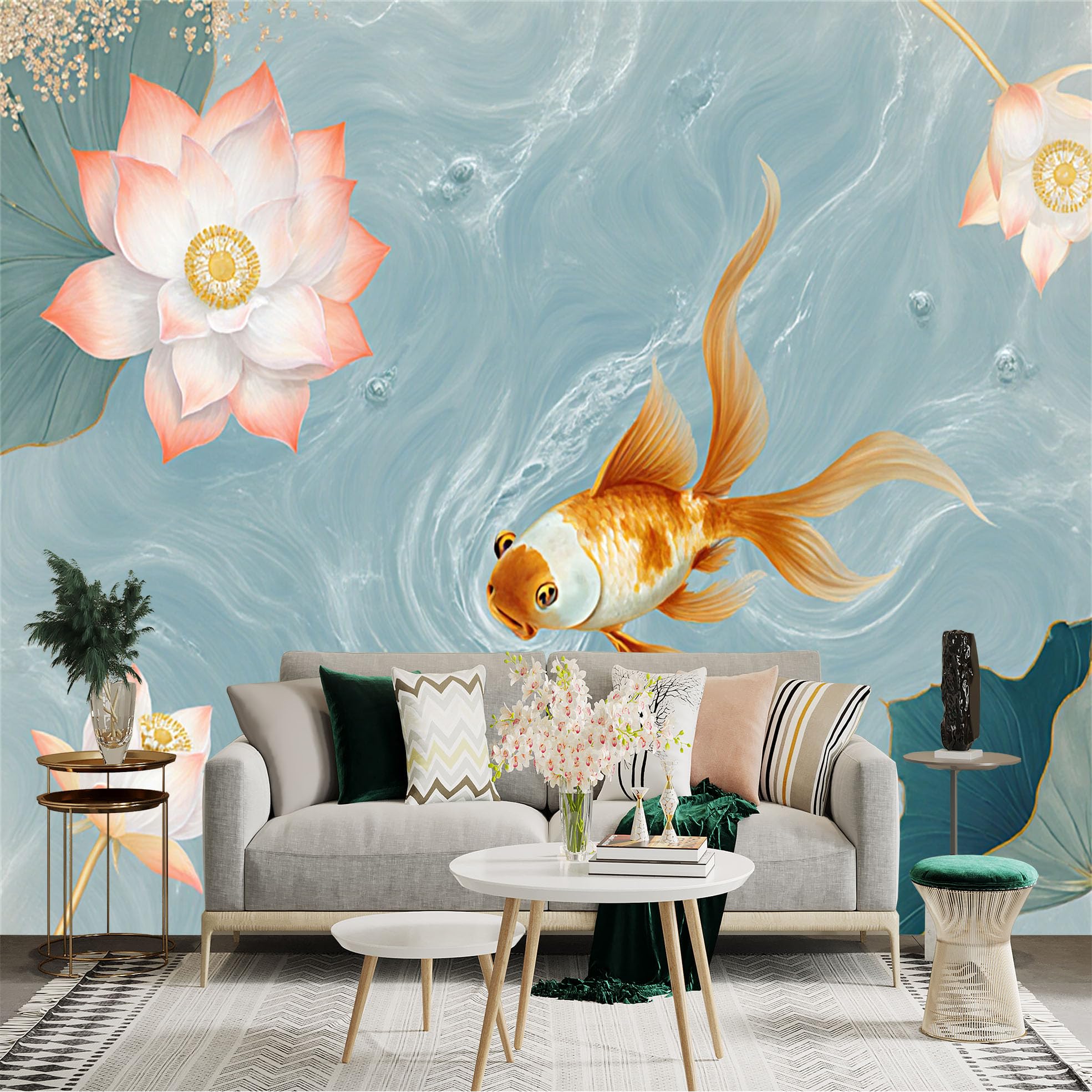 Custom Size Wall Sticker Mural， Elegant Pink Lotus Flowers， Swimming Goldfish， Serene Rippling Water， Abstract Oriental Art， for wall Decoration， peelandstick wall Decals.