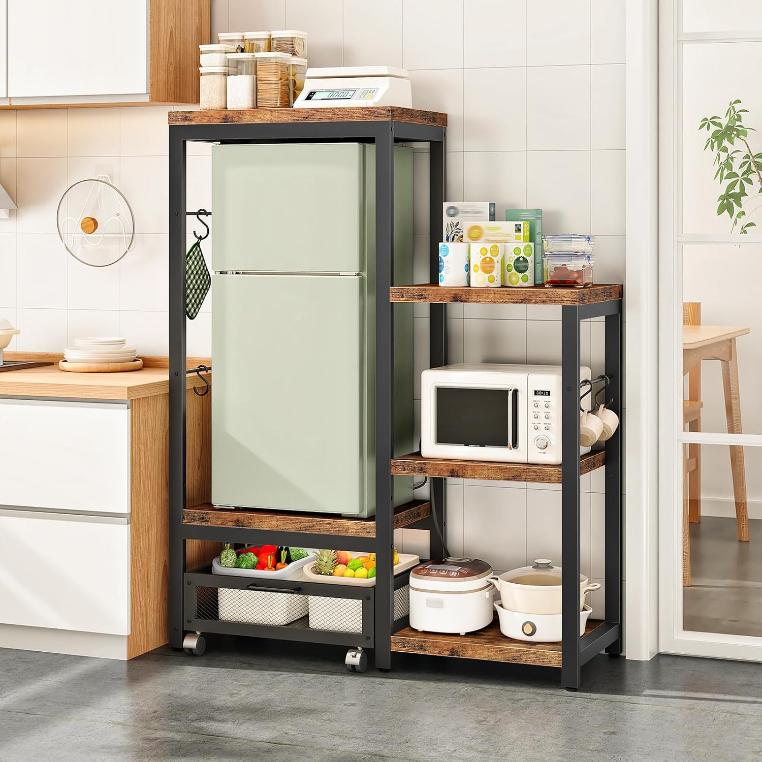 HOOBRO Bakers Rack with Mini Fridge Stand, Microwave Stand with Movable Basket, 3-Tiers Coffee Bar Station with Power Outlet, Kitchen Storage Shelf for Kitchen, Dorm, Rustic Brown and Black BF38UHB01
