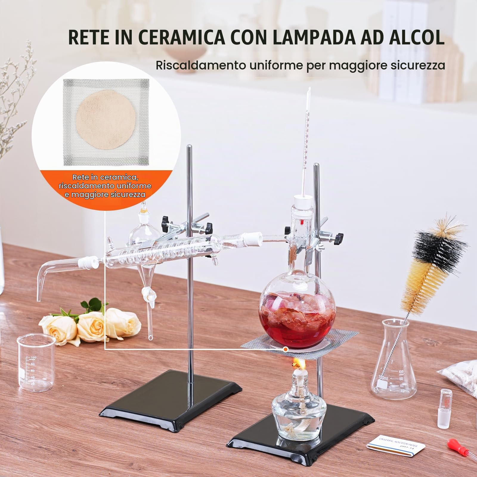 VEVOR Kit di distillazione di oli essenziali, 500 ml, kit di distillazione di vetreria da laboratorio 3.3 Boro con lampada ad alcool, rete in ceramica e 24, 40 giunti, set da 28 pezzi