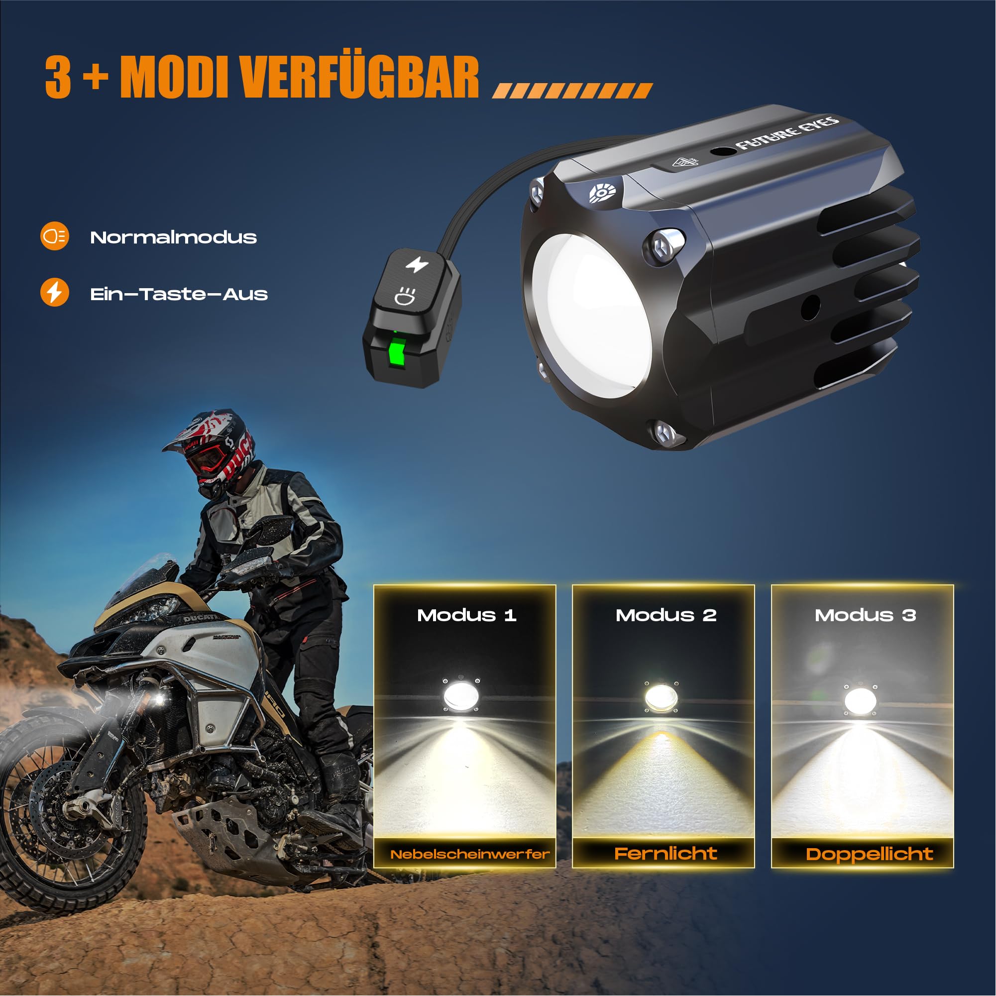 Future Eyes Motorrad Zusatzscheinwerfer, 120W 12000LM Motorrad LED Zusatzscheinwerfer, E-Mark E57 & CE Zertifiziert, IP67 Motorrad Nebelscheinwerfer für Nachtfahrten