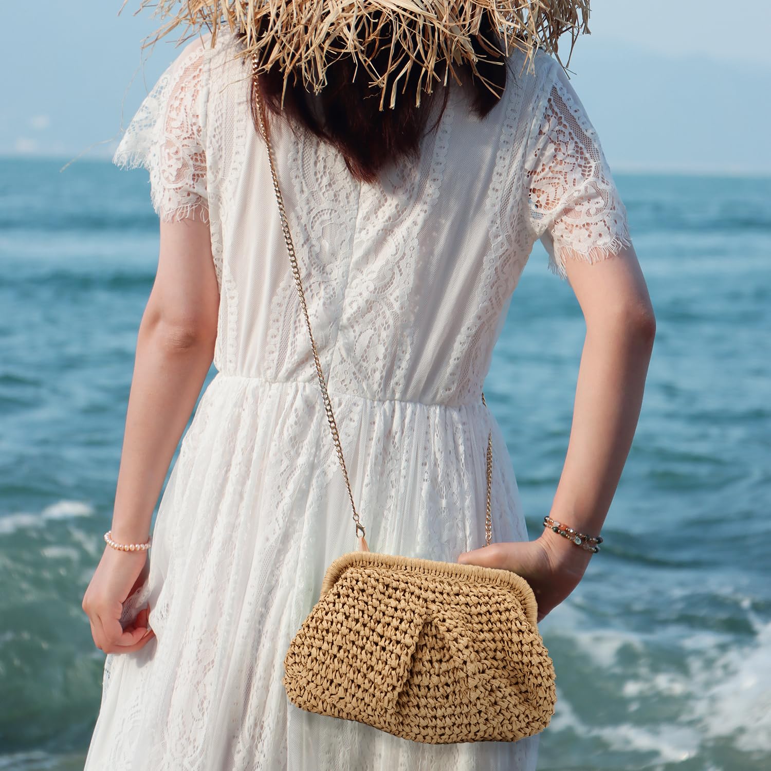 Freie Liebe Bolsos de mano de paja para mujer, bolso pequeño tejido de bola de masa hervida, bolso de mano de mimbre para verano, playa, bolso cruzado