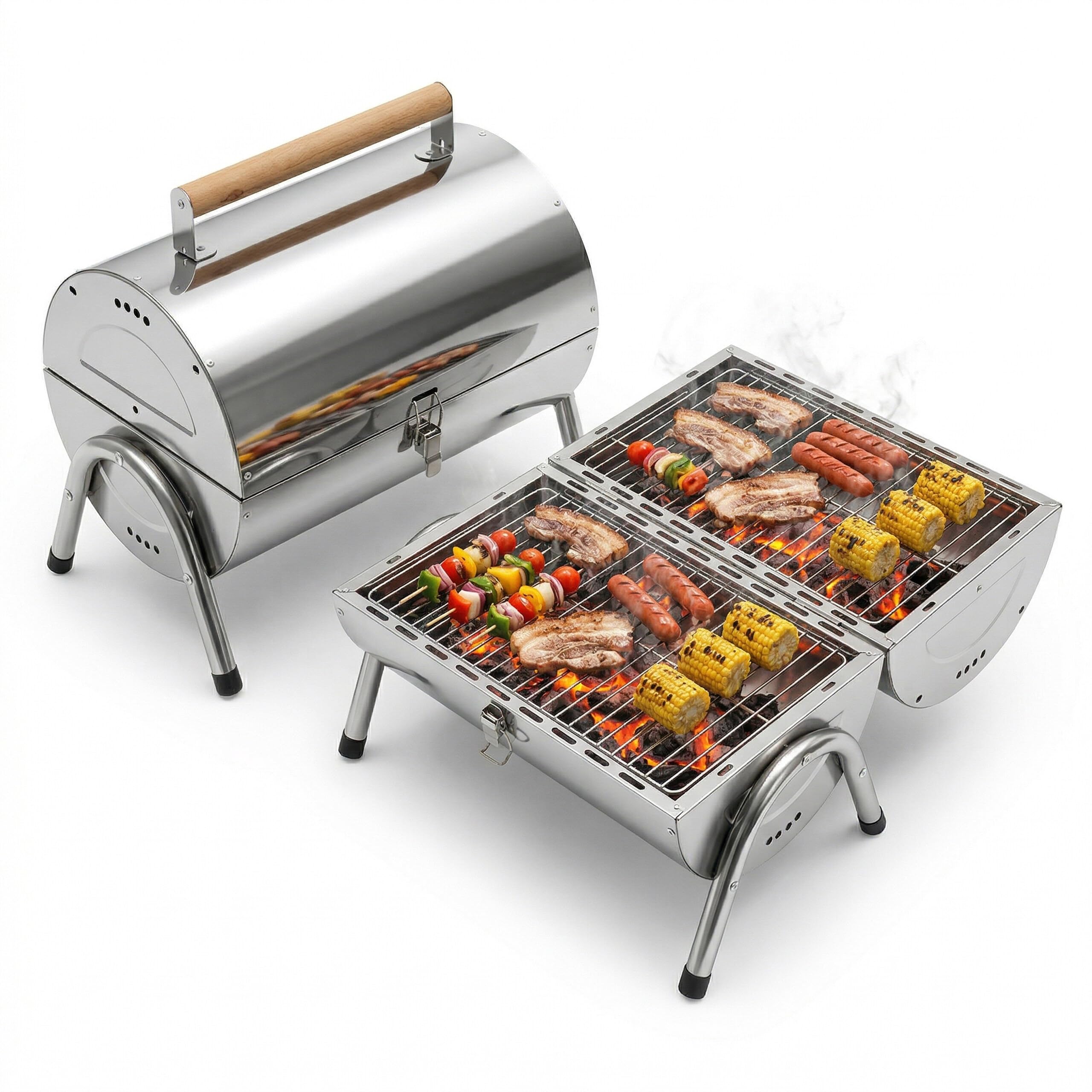 Relaxdays Barbecue de table 2 grilles 34 x 21,5 cm, argent | camping & outdoor, pliable et fumoir, poignée bois, inox