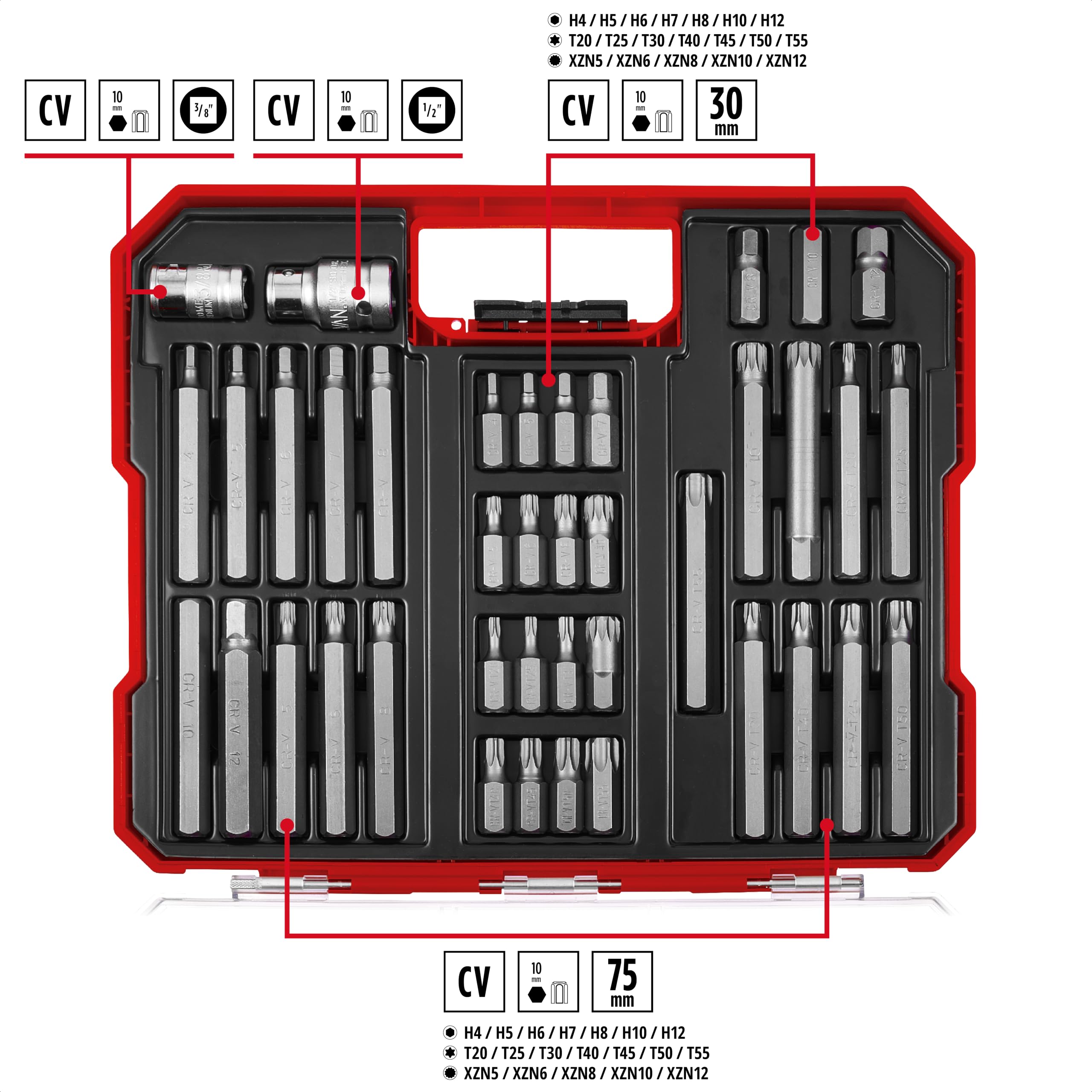 Orijinal Einhell XL-CASE Otomotiv Bit Seti – 40 Parça (10 mm Altıgen Saplı CrV Çelik Power Bitler, 10 mm Altıgen 3/8" ve 1/2" Kare Lokma Adaptörleri, Saklama Kutusu Dahil) - 49109032
