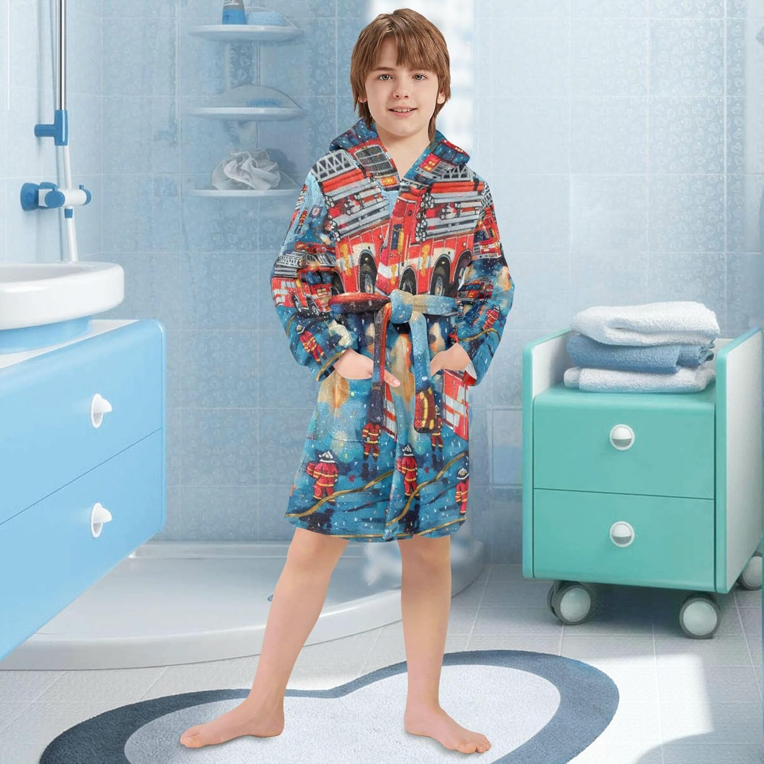 Fire Truck Car and Firefighter Bathrobe Hooded PJ Robe Soft Fleece Robe Pajama Sleepwears 2-12 Years