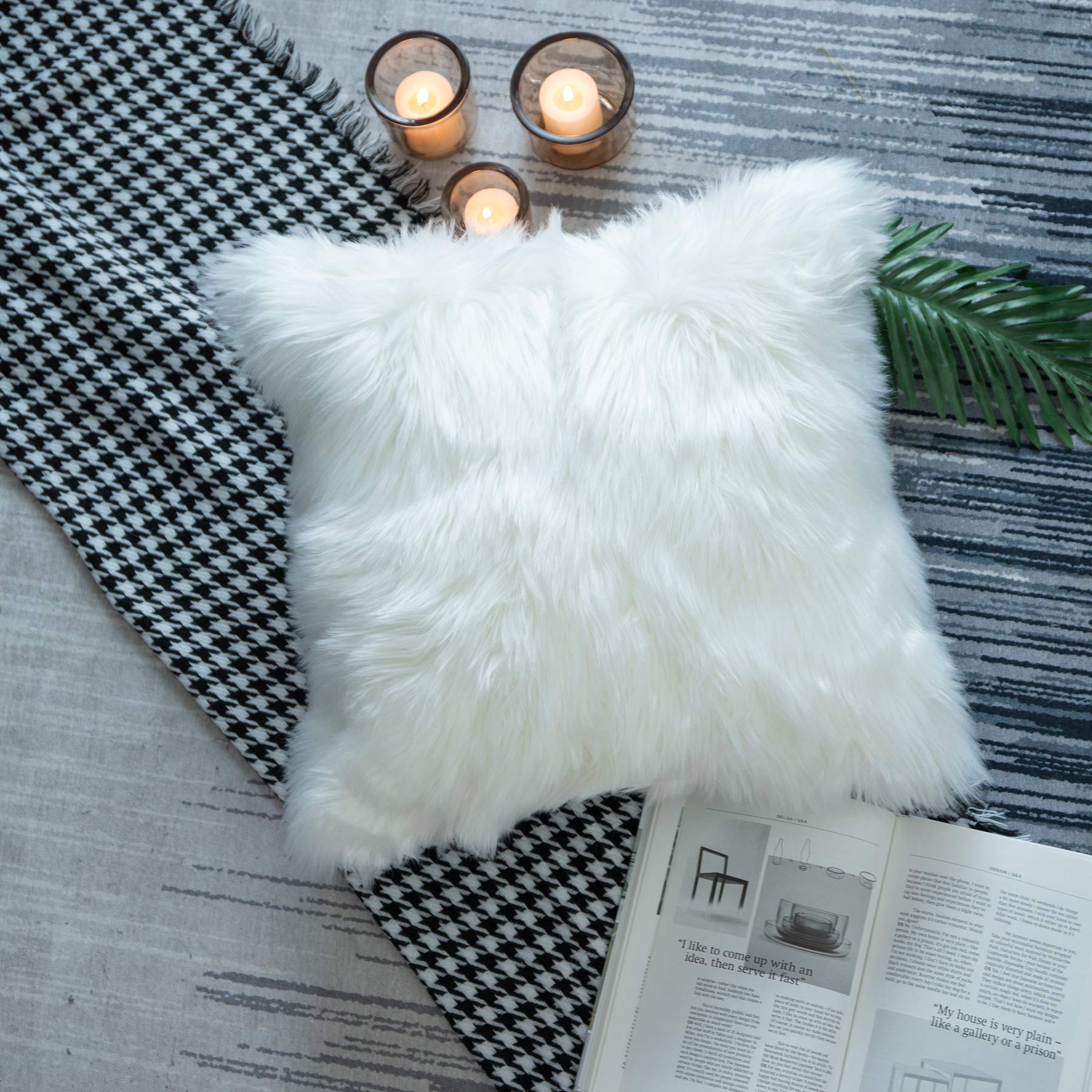 KWOS Soft Fuzzy Faux Fur Pillow Cover Decorative Fluffy Plush Sham Throw Pillow Covers Shaggy Square Cushion Case Furry Pillows for Couch Sofa Bedroom (16x16 Inch, White)