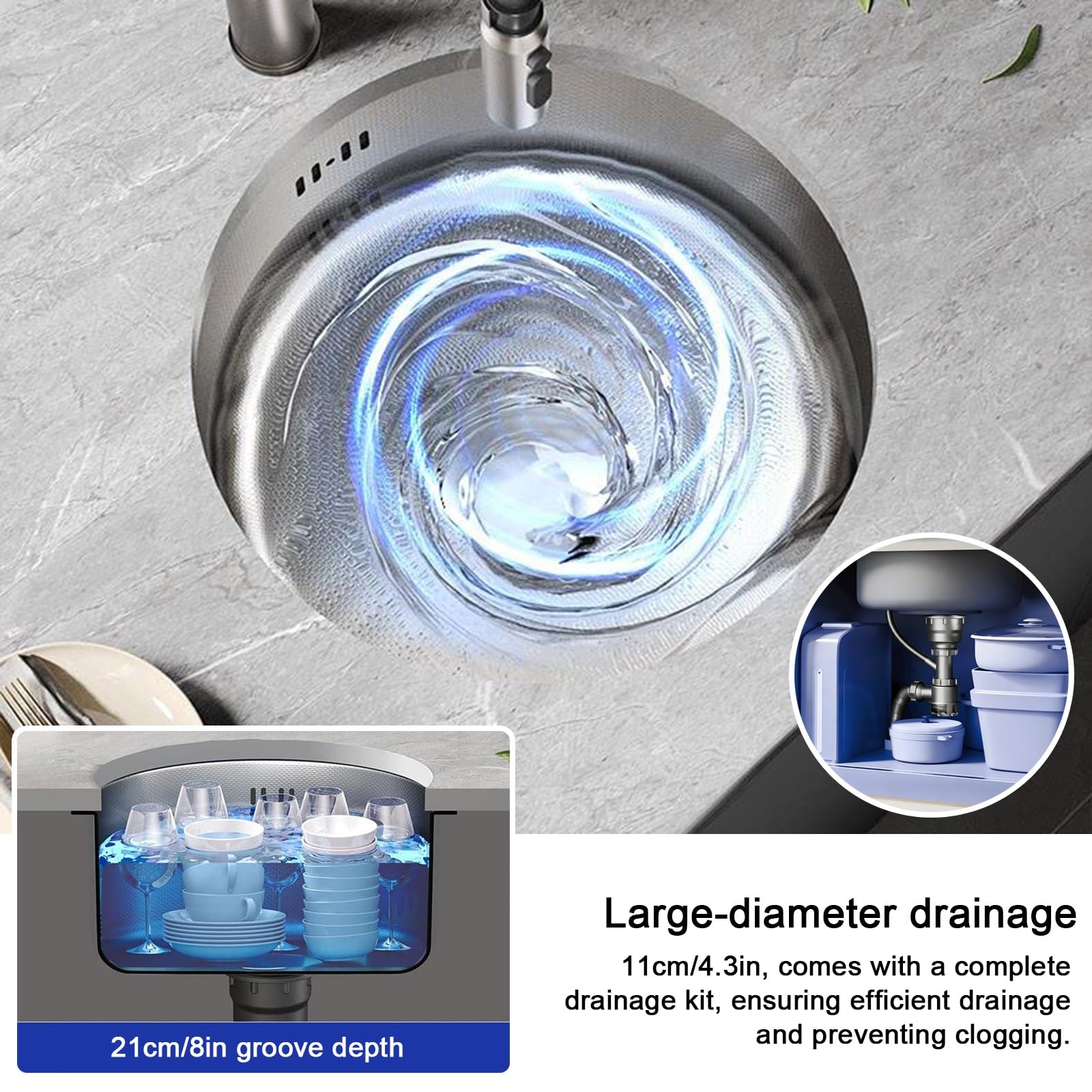 Fregadero de cocina para caravana, fregadero redondo con grifo, acero inoxidable 304, diseño de caída para caravana, cámper, barco, arandela perfecta (42 cm)