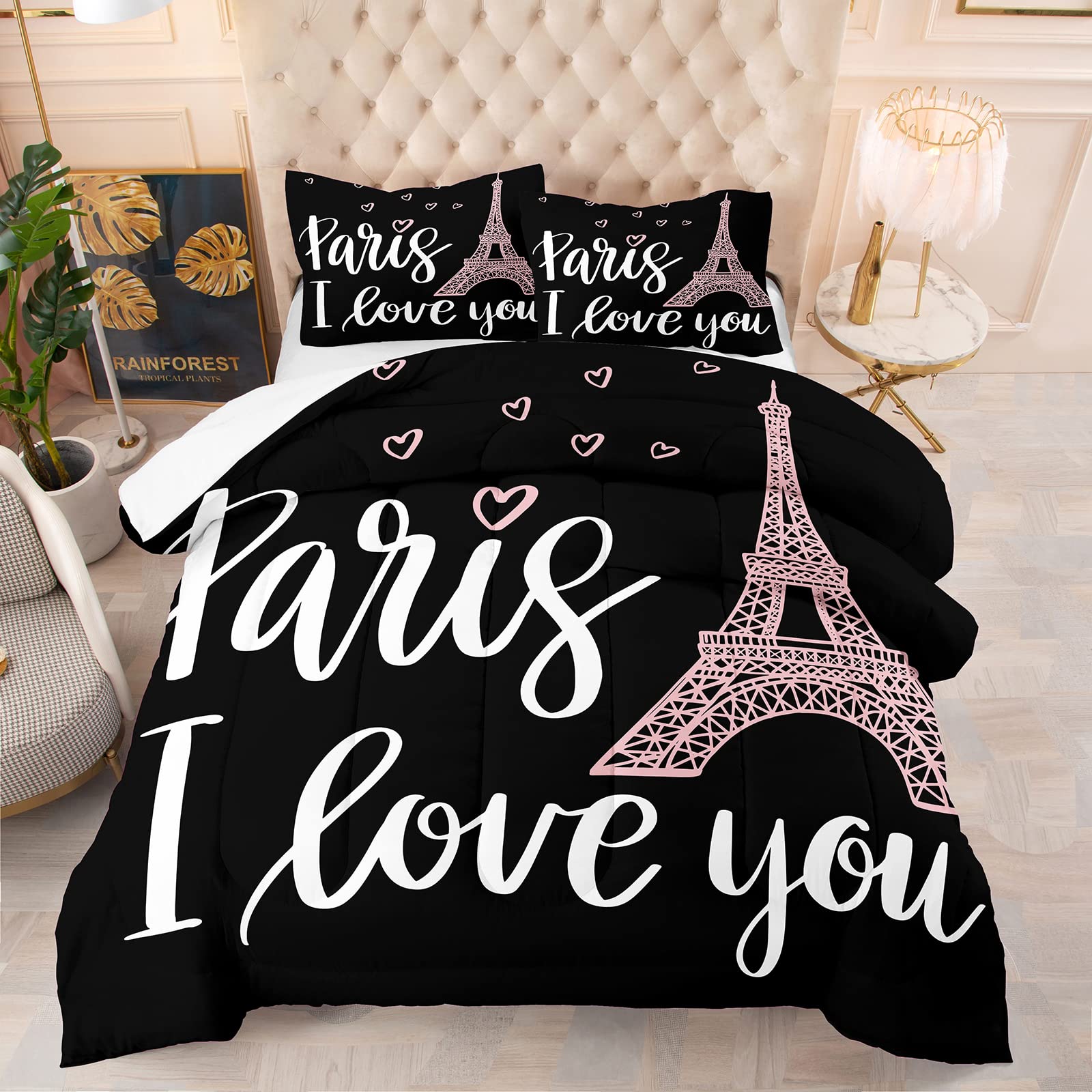 NINENINE Black Paris Bedding Set - Queen Size Pink Hearts Comforter Set with Matching Pillowcase - 'Paris I Love You' Theme
