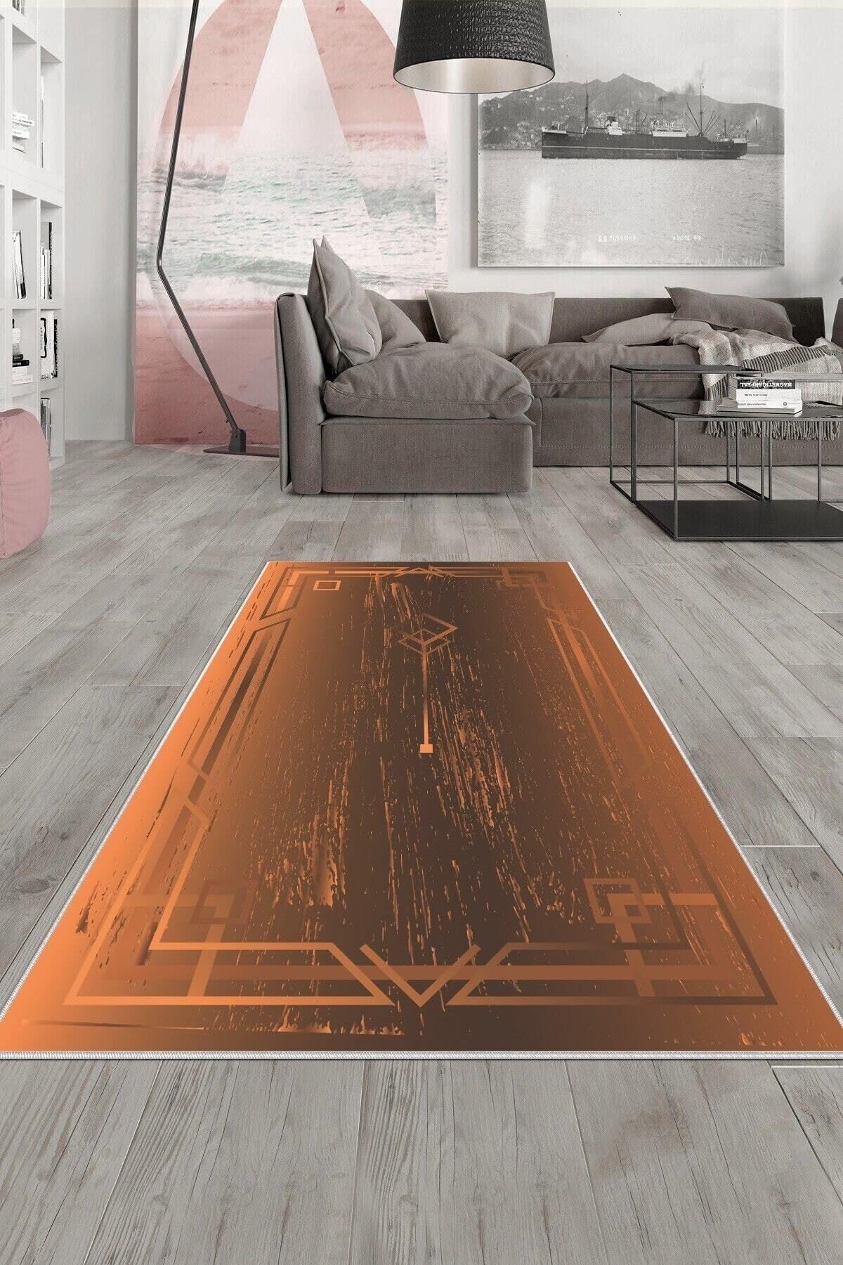 Pelangi Kırmızı Geometrik Desen Yıkanabilir Kaymaz Taban Leke Tutmaz Modern Salon Halısı Ve Yolluk, Turuncu 100 x 600, 135812310060005