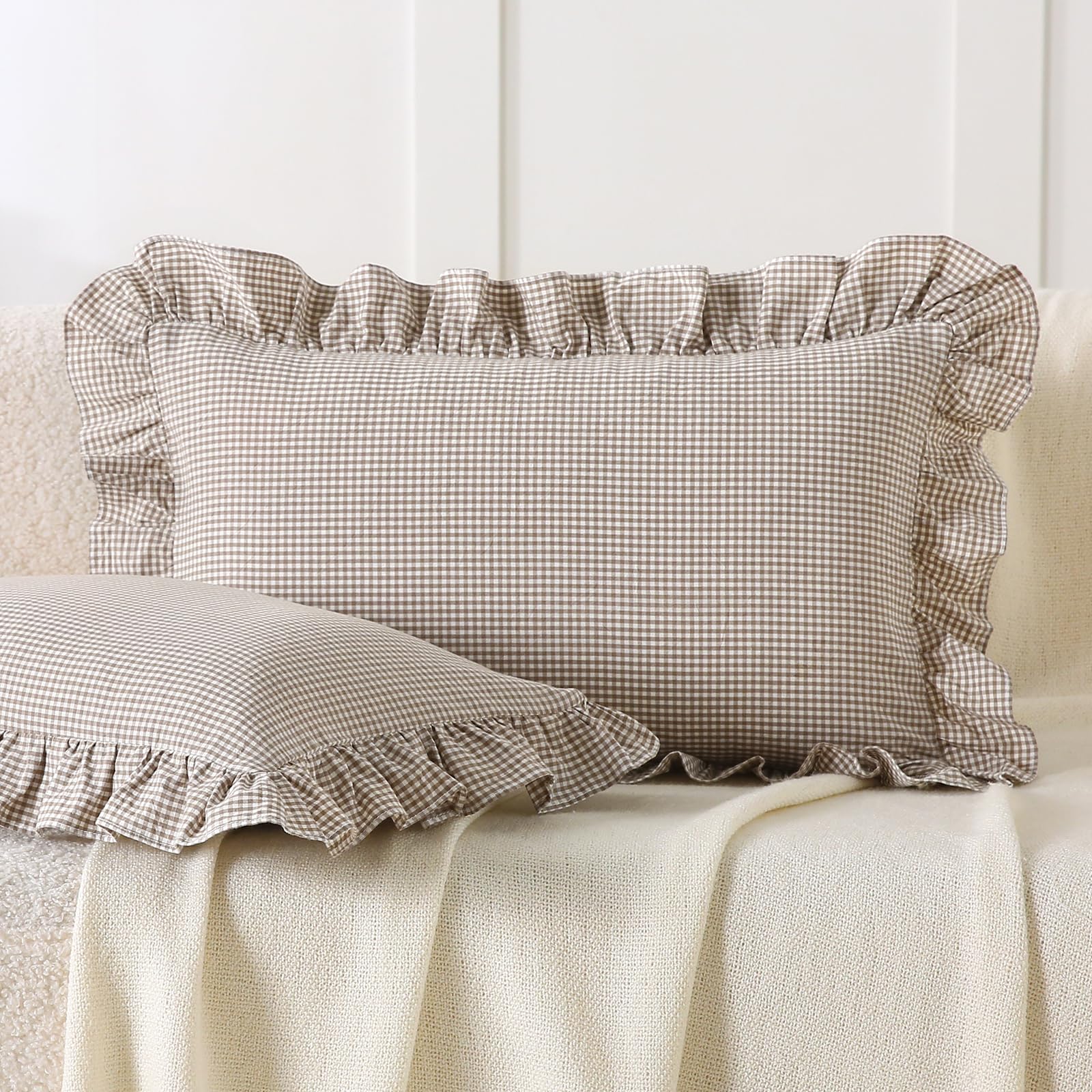Aryeleay 2 Pack Brown White Plaid Gingham Ruffle Pillow Shams, 100% Washed Cotton Checkered Farmhouse Pillow Covers for Bed/Sofa-12x20 — image 1