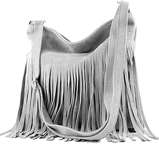 T145 - Borsa a tracolla con frange in camoscio, T145 grigio, Medium