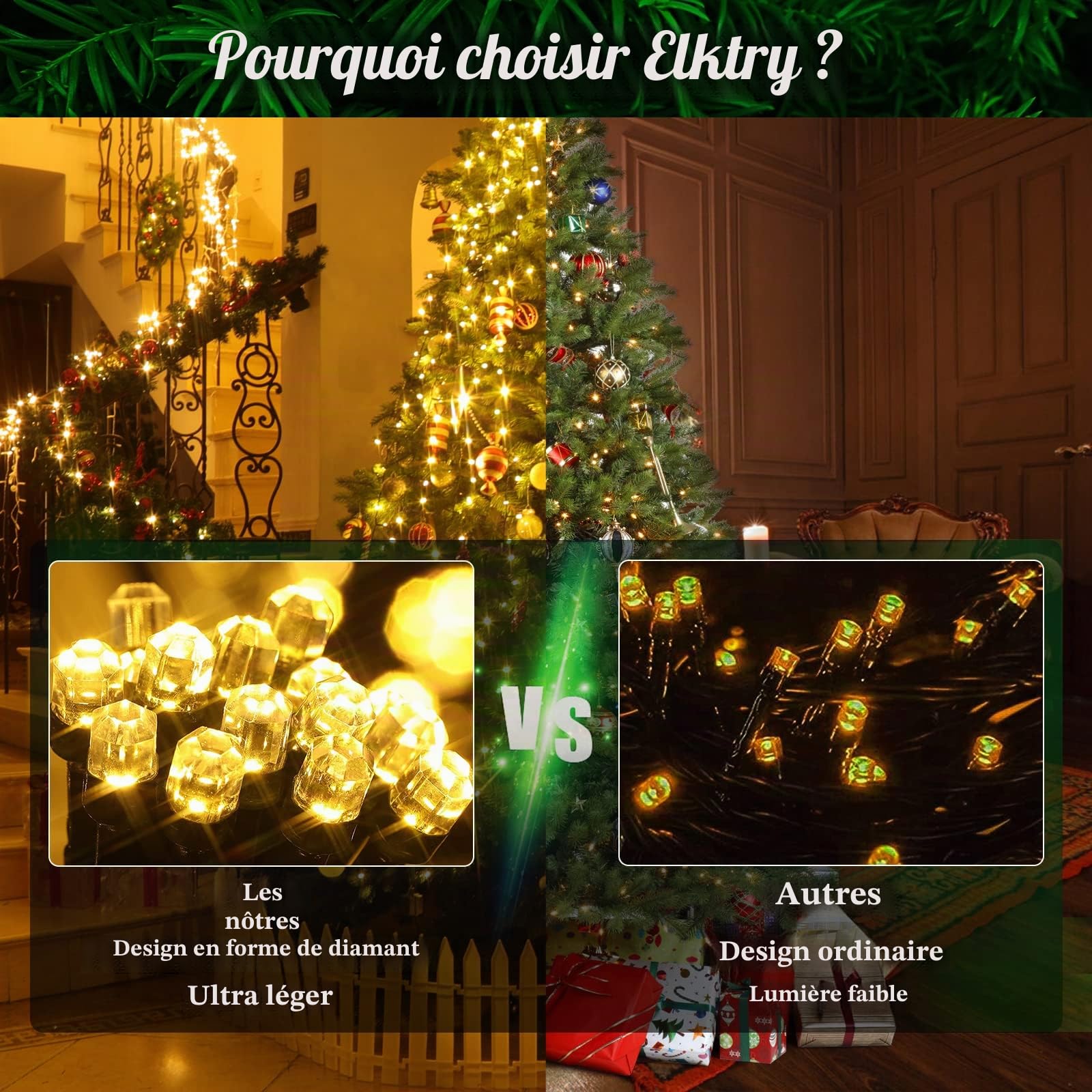 400LEDs 10 x 2m Guirlande Lumineuse Sapin de Noel Avec Diamant, Guirlande Lumineuse Sapin Noël 8 Modes d'Eclairage Etanche IP44, Guirlande Sapin Lumineuse Pour Fête, Sapin Noel-Blanc Chaud