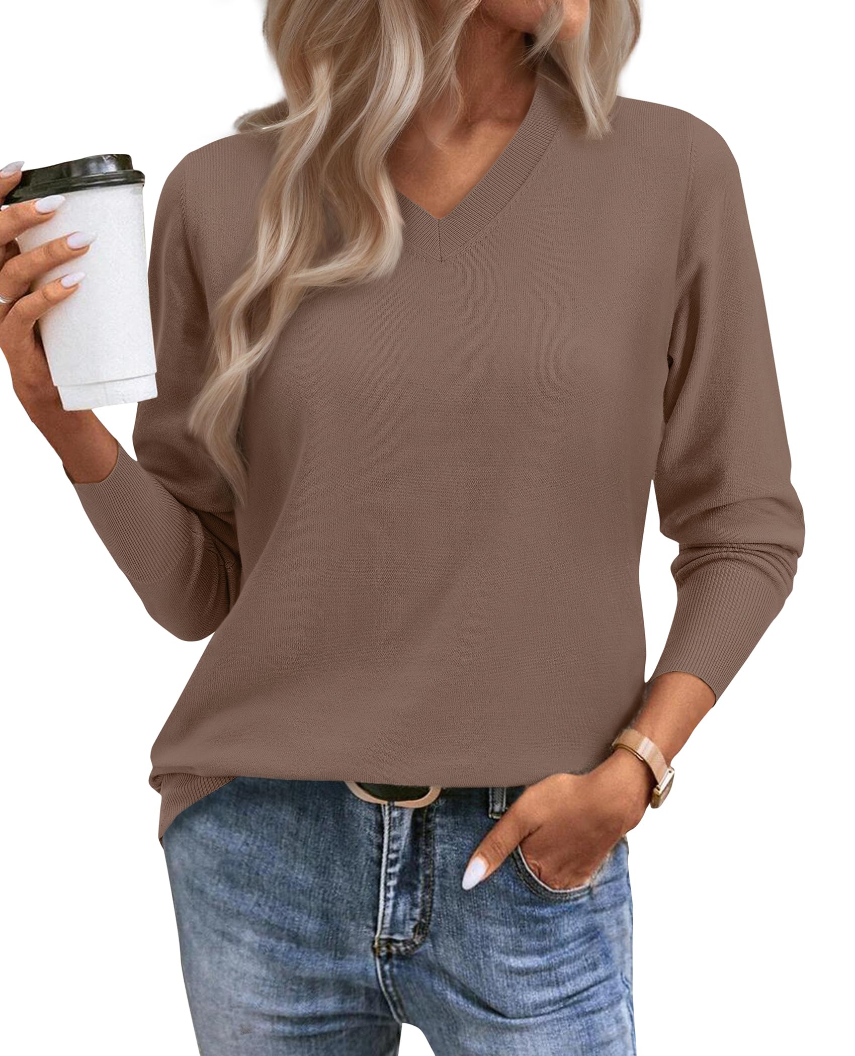 2025 Women's Sweaters Knitted Ribbed Casual Thin Long Sleeve Pullover V Neck Lightweight Sweatshirts Cute Blouse Tops