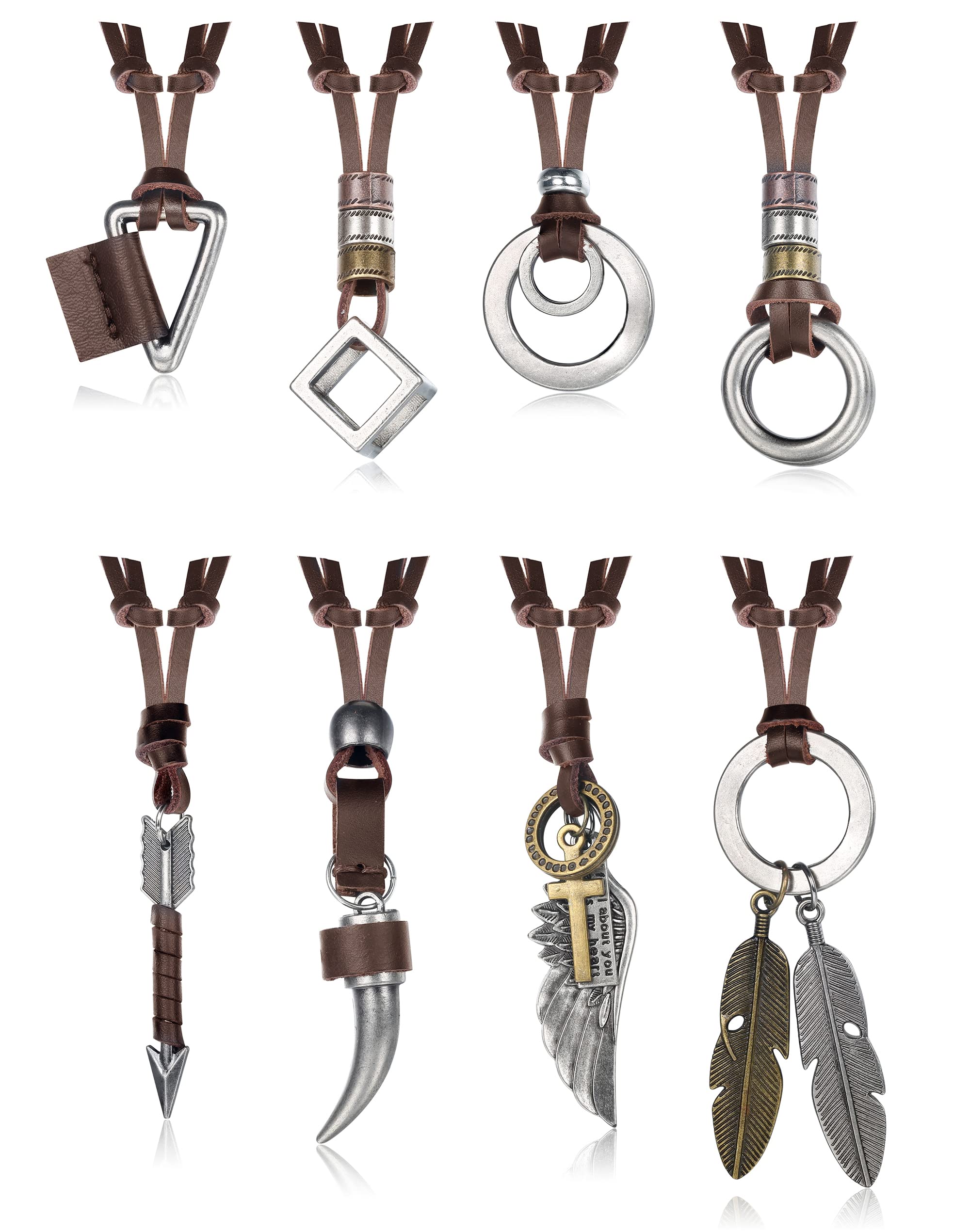 8 Pcs Leather Necklace for Men Women Brown Black Leather Cord Necklace Tribal Arrow Wolf Tooth Feather Pendant Statement Necklace for Men Women