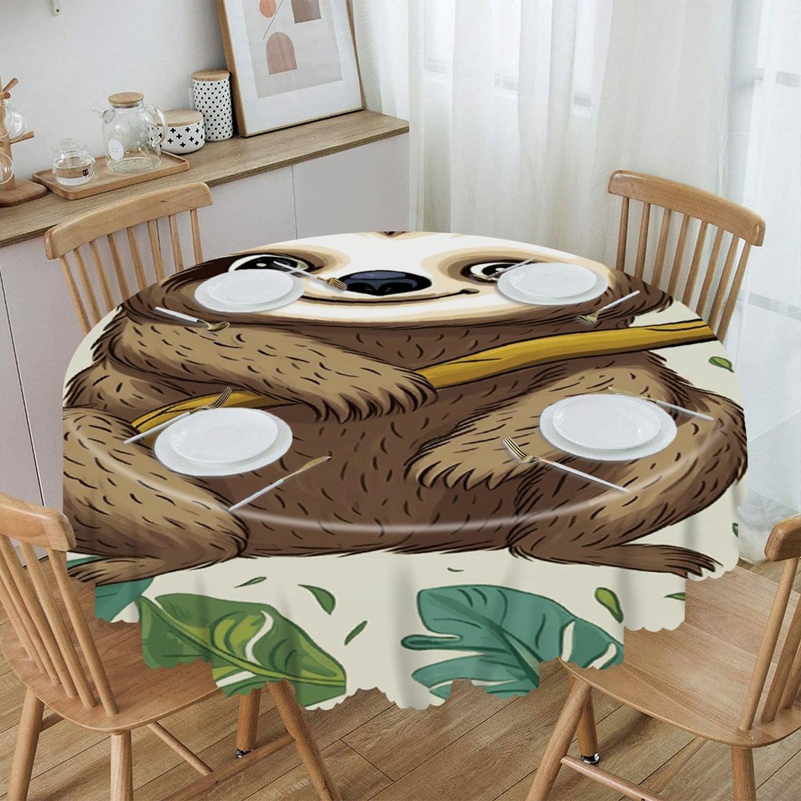 VstaDank Adorable Sloth Round Tablecloth 60 Inch Easy to Clean Circle Table Cover Thick Decorative Round Polyester Table Cloth for Dining Kitchen Party Farmhouse Outdoor
