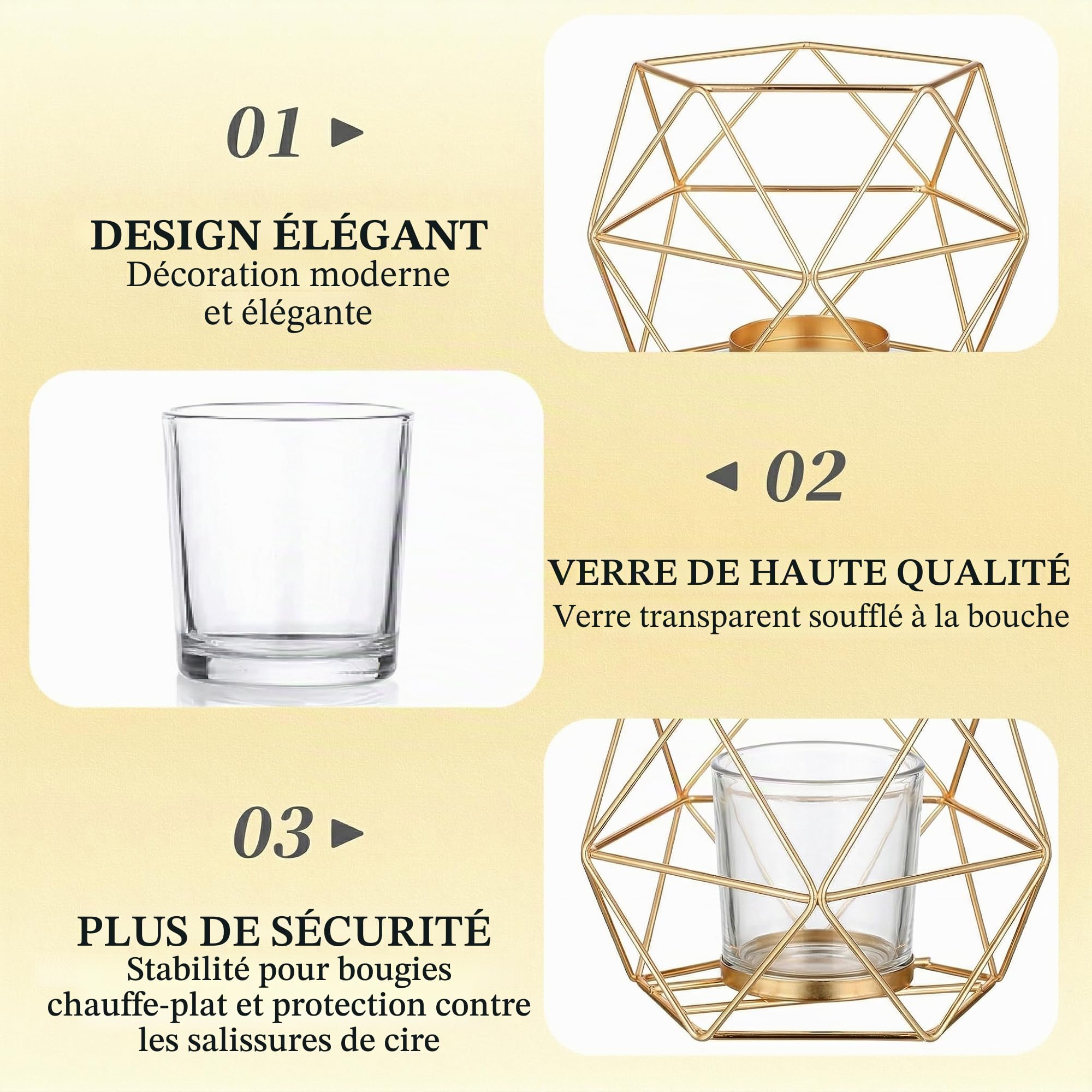 Hewory Porte-Bougies Chauffe-Plat Géométriques en Métal, 12 Bougeoirs Chauffe-Plat Ornements Dorés pour Salon, Pièce Maîtresse de Table à Manger, Bougeoir Doré Moderne pour Mariage