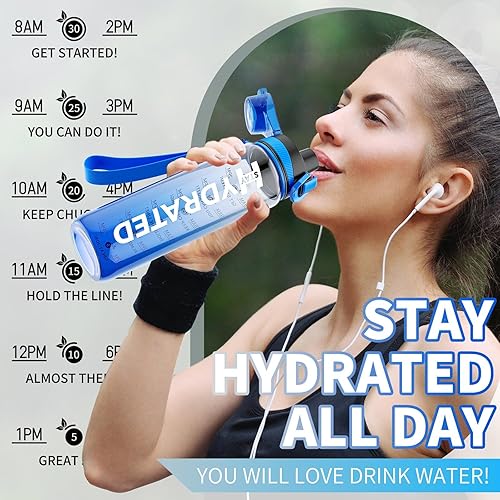 Miniatura 4 de Botella de agua de 32 onzas, botellas de agua motivacionales con marcador de tiempo, Tritan y sin BPA, botella de agua deportiva sin popote con