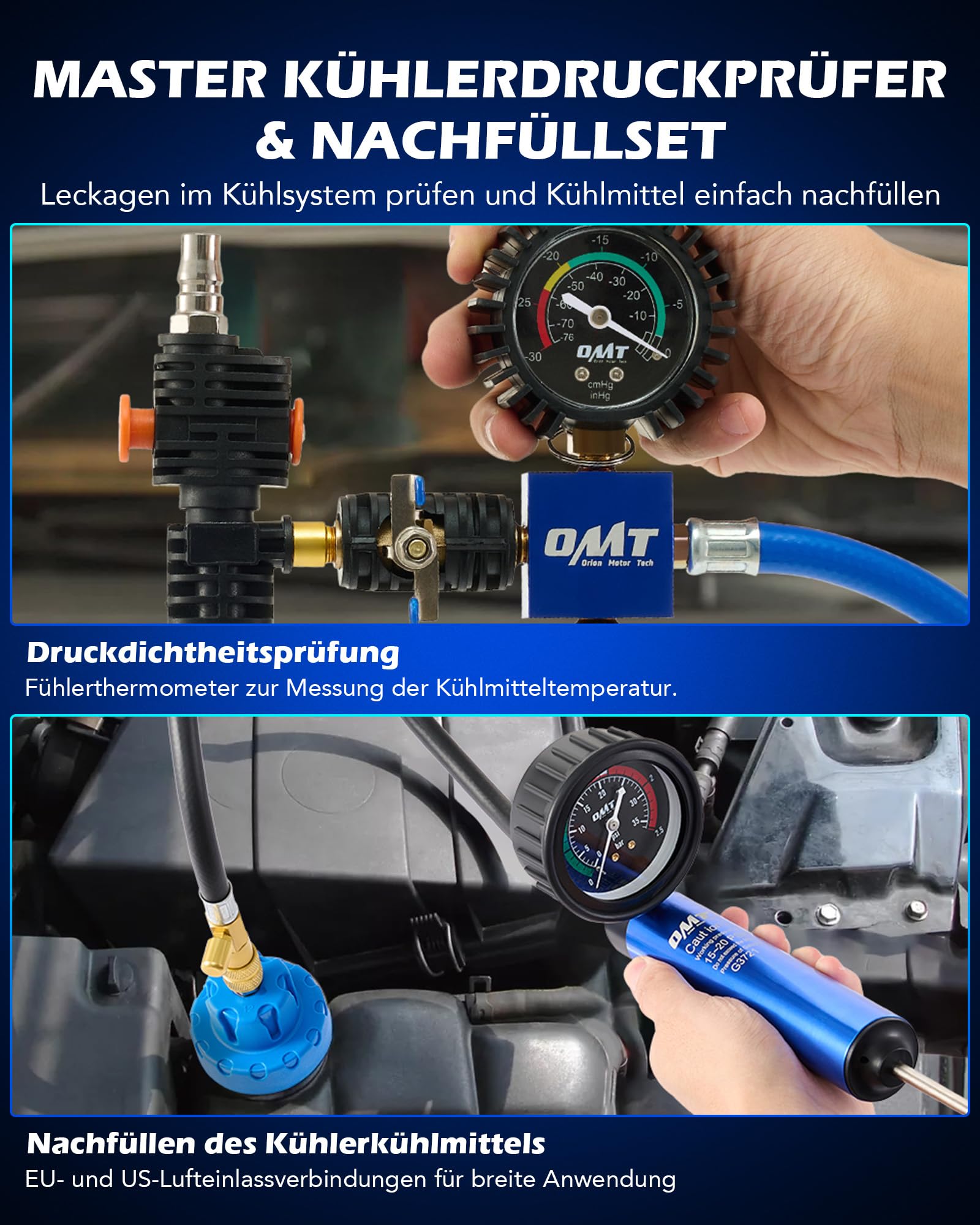 Orion Motor Tech 31tlg Kühlsystem Abdrückgerät Kühlsystemtester Kühler Abdrückgerät, farbkodiert, Kühlmittel Testkoffer zum Prüfen & Befüllen von Kühlsystemen - 2in1 Kühlmittel Prüfer