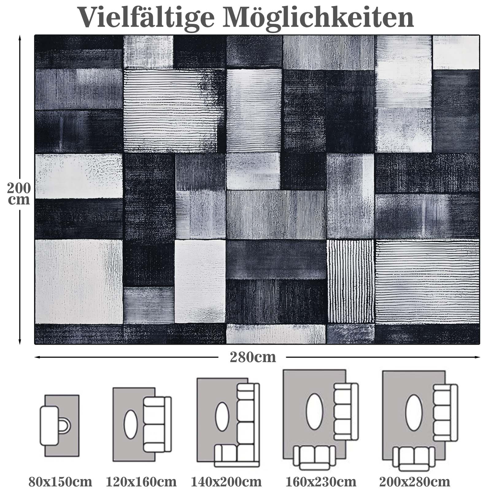 Alishomtll Teppich Wohnzimmer Schwarz Grau, Modern Kariert Läufer 200x280cm