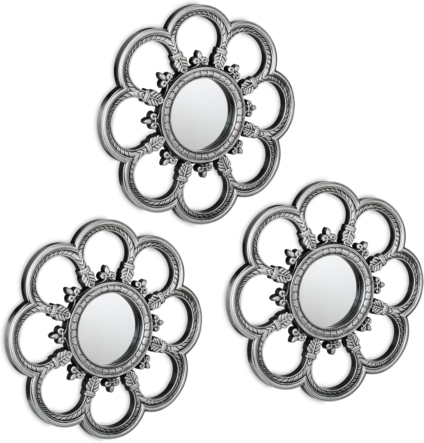 Relaxdays Set of three Flower Mirrors, Spherical Ornamental Mirrors, Dwelling Room, Hallway, Ornamental Mirrors, Diameter 26 cm, Plastic Body, Silver