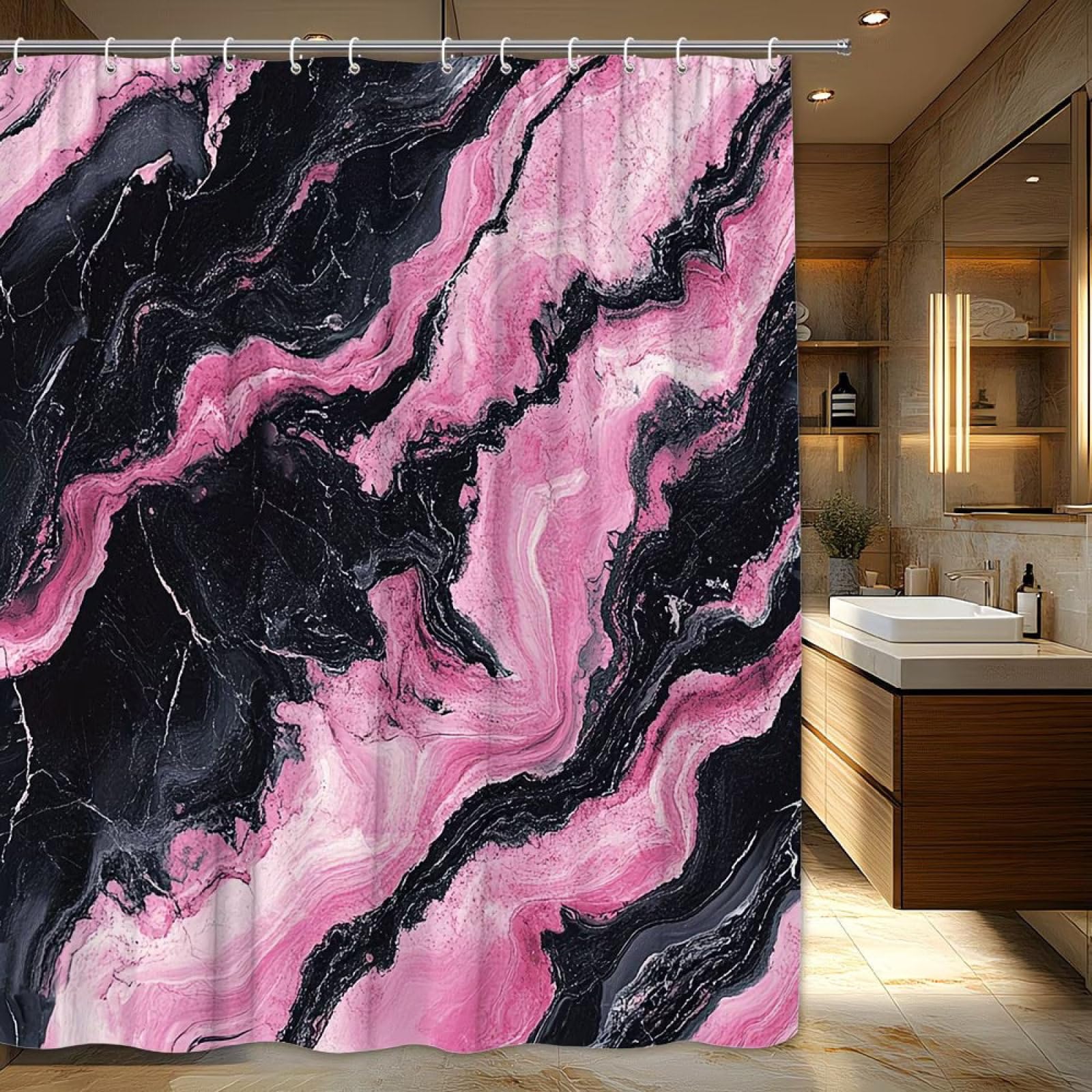 Shower Curtains Pink Black Marble Wet Room Shower Curtain Mould Proof Resistant Waterproof Polyster Fabric Washable with 12 Hooks Garden Bathroom Curtains (180x180cm)