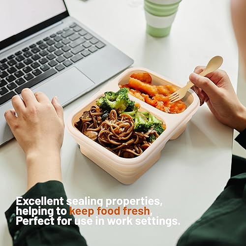 Miniatura 3 de Recipientes de almuerzo plegables con tapa naranja con 2 compartimentos  lonchera con utensilios  Bento plegable de silicona para adultos