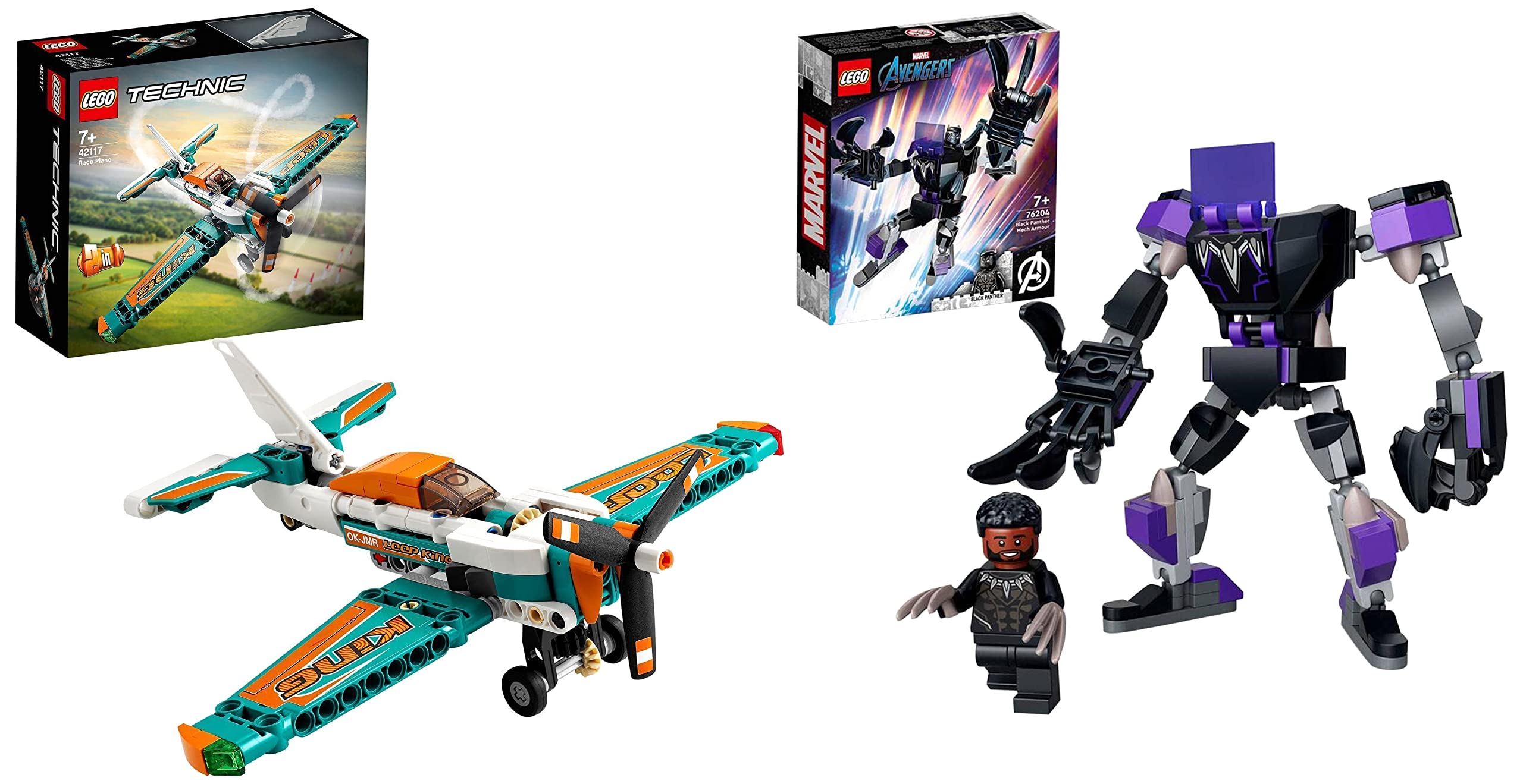 LEGO Marvel Black Panther Mech Armour 76204 Building Kit+42117 Technic Race Plane Toy to Jet Aeroplane 2 in 1 Building Set-(Set of 2Toys)